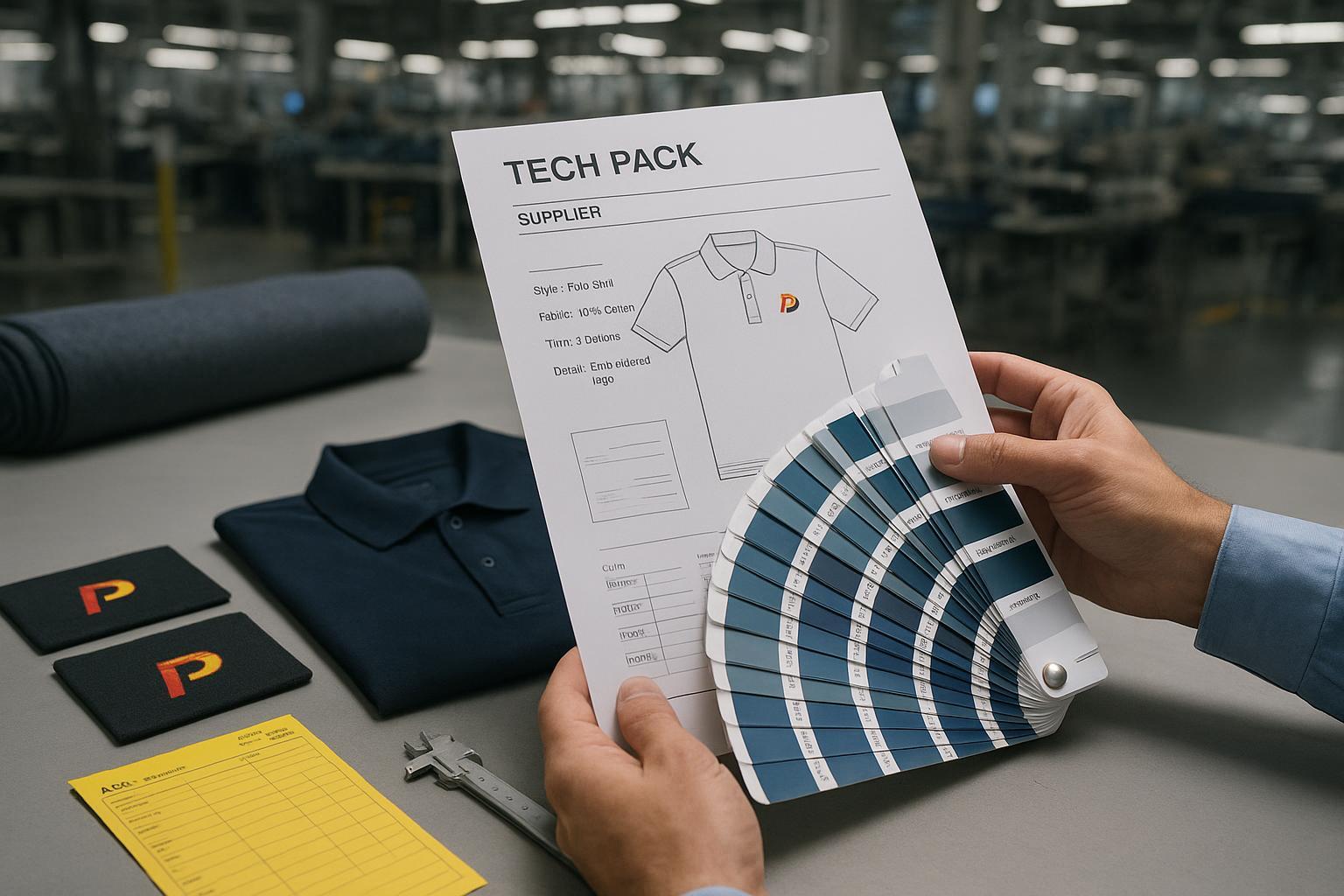 Procurement manager reviews uniform tech pack, Pantone swatches, and embroidered logo samples at a China apparel factory worktable