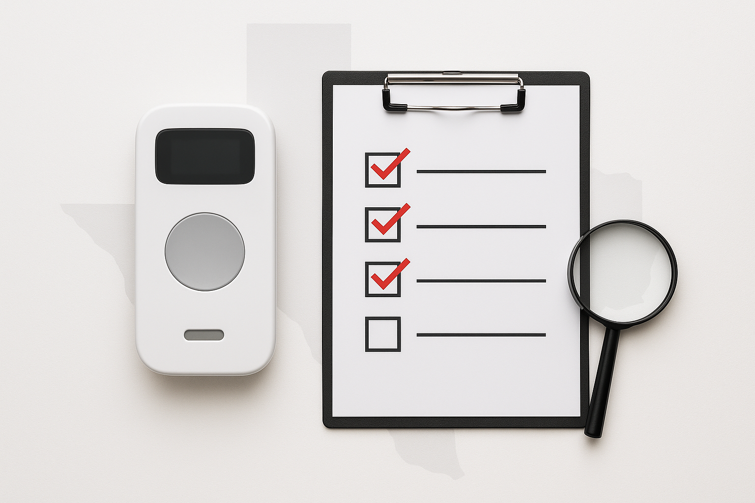 Checklist and magnifying glass beside an at-home wellness device, representing questions to ask before buying a health gadget
