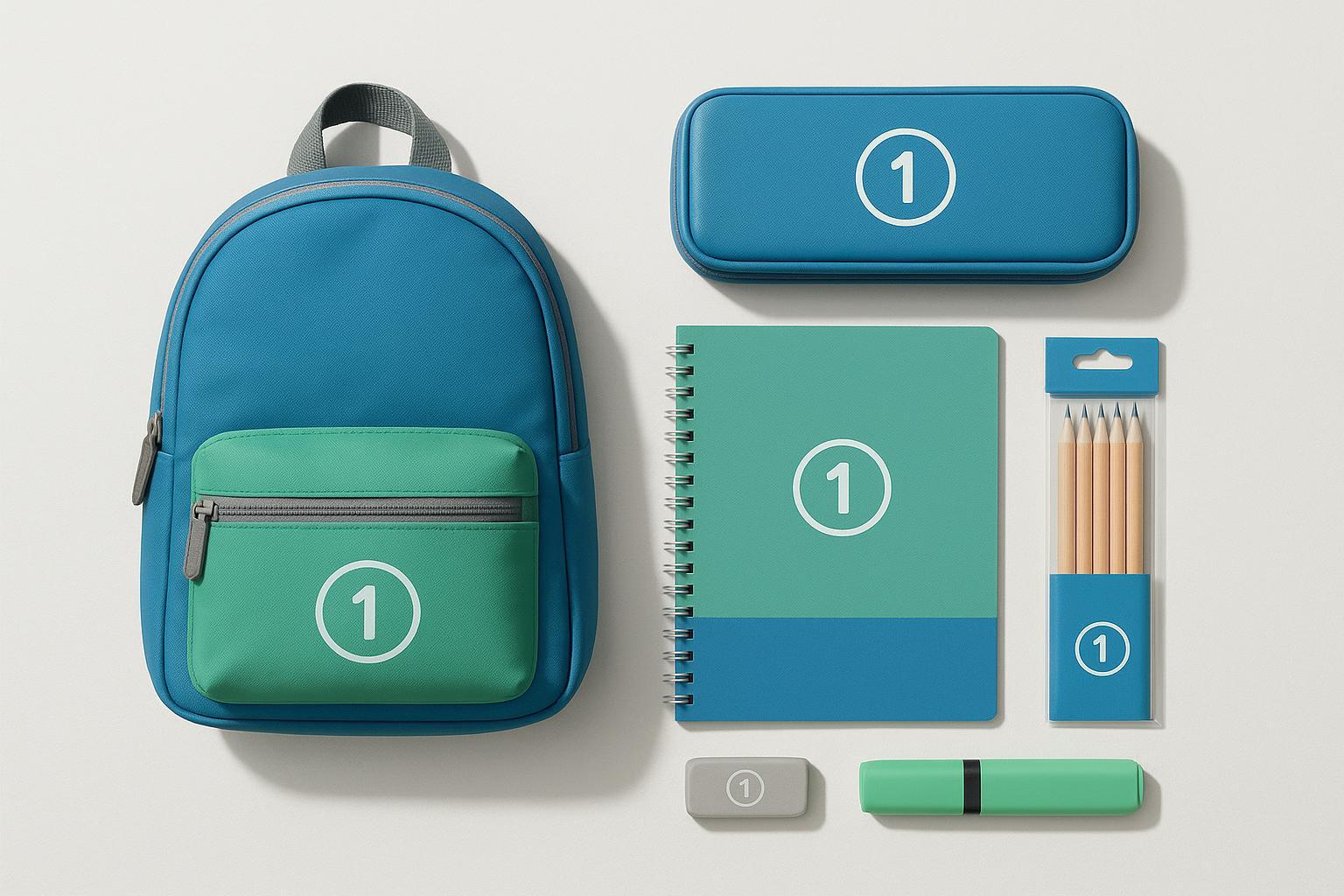Flat-lay of a Grade 1 starter kit: backpack, case, notebooks, pencils, eraser, highlighter
