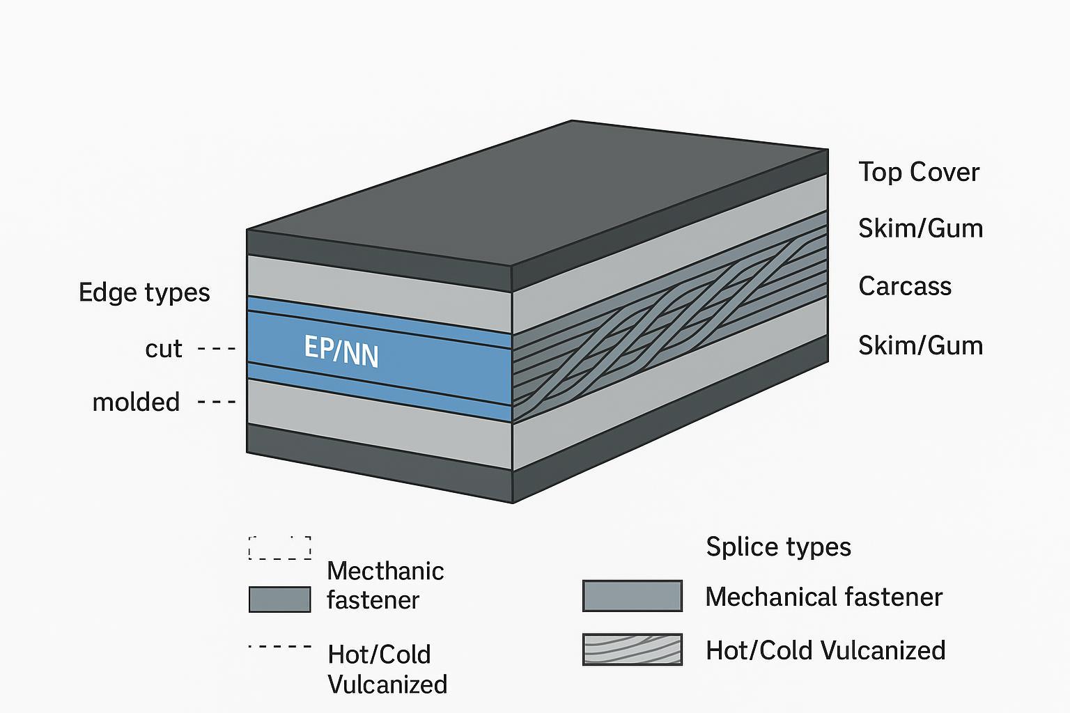 Conveyor belt cross-section with labeled layers and splice/edge callouts