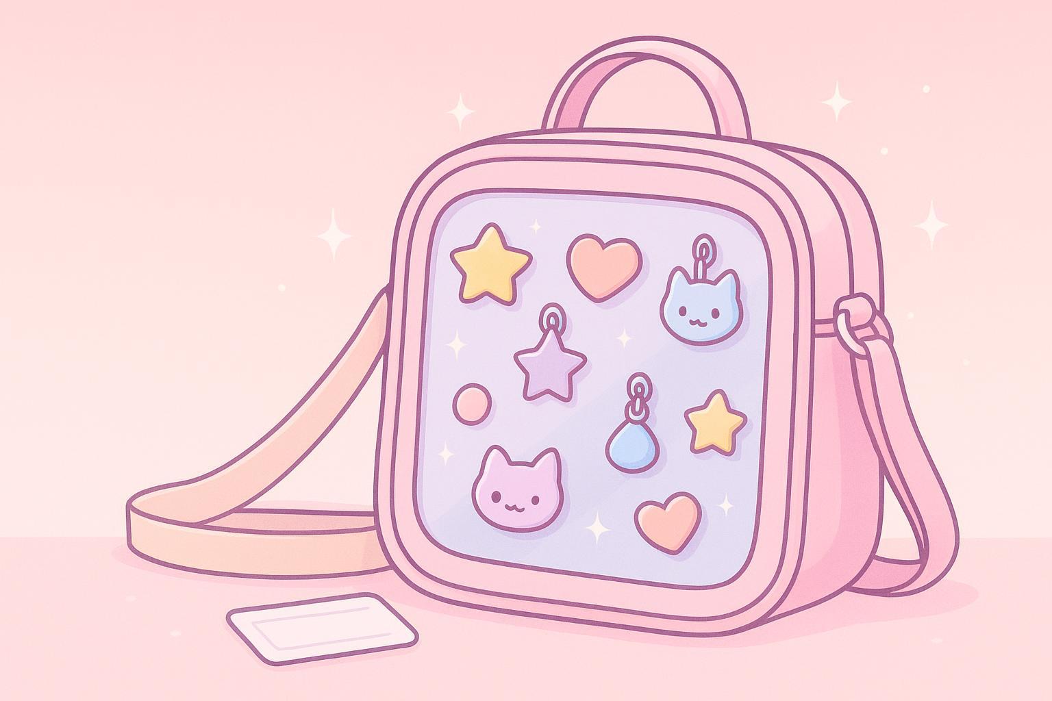 Cute pastel illustration of an ita bag with a clear window showing pins and charms
