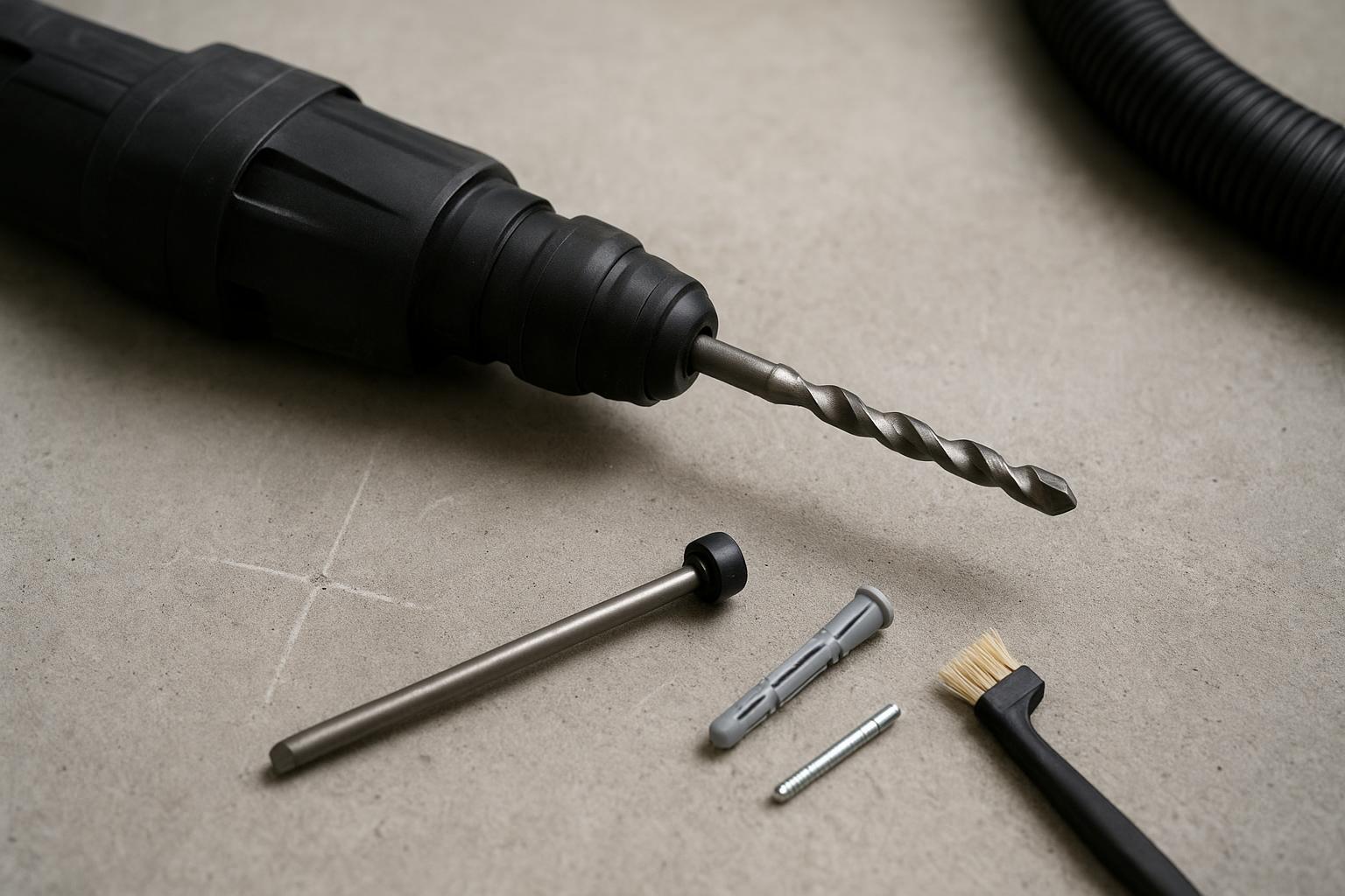 SDS-plus rotary hammer and masonry bit on concrete with wall plug, anchor, depth stop, and HEPA vacuum hose