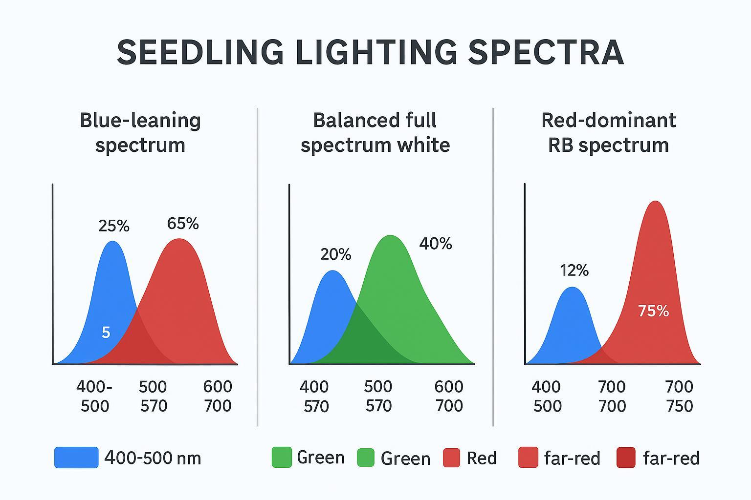 Spectrum comparison chart showing blue-leaning, full-spectrum white, and red-dominant RB mixes for seedlings