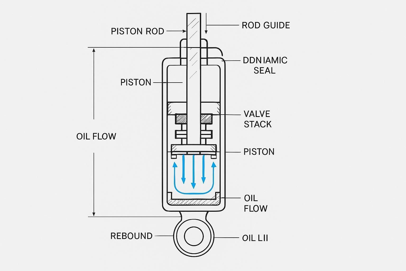 Cutaway schematic of a shock absorber showing piston rod, piston and valves, rod guide, dynamic seal, and oil flow paths during compression.