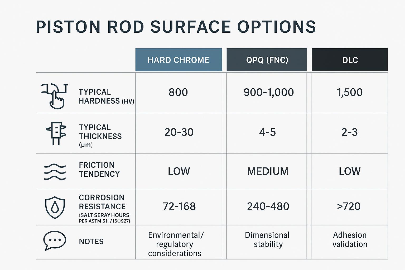 Infographic comparing hard chrome, QPQ, and DLC for shock absorber piston rods on hardness, thickness, friction tendency, and corrosion resistance bands.