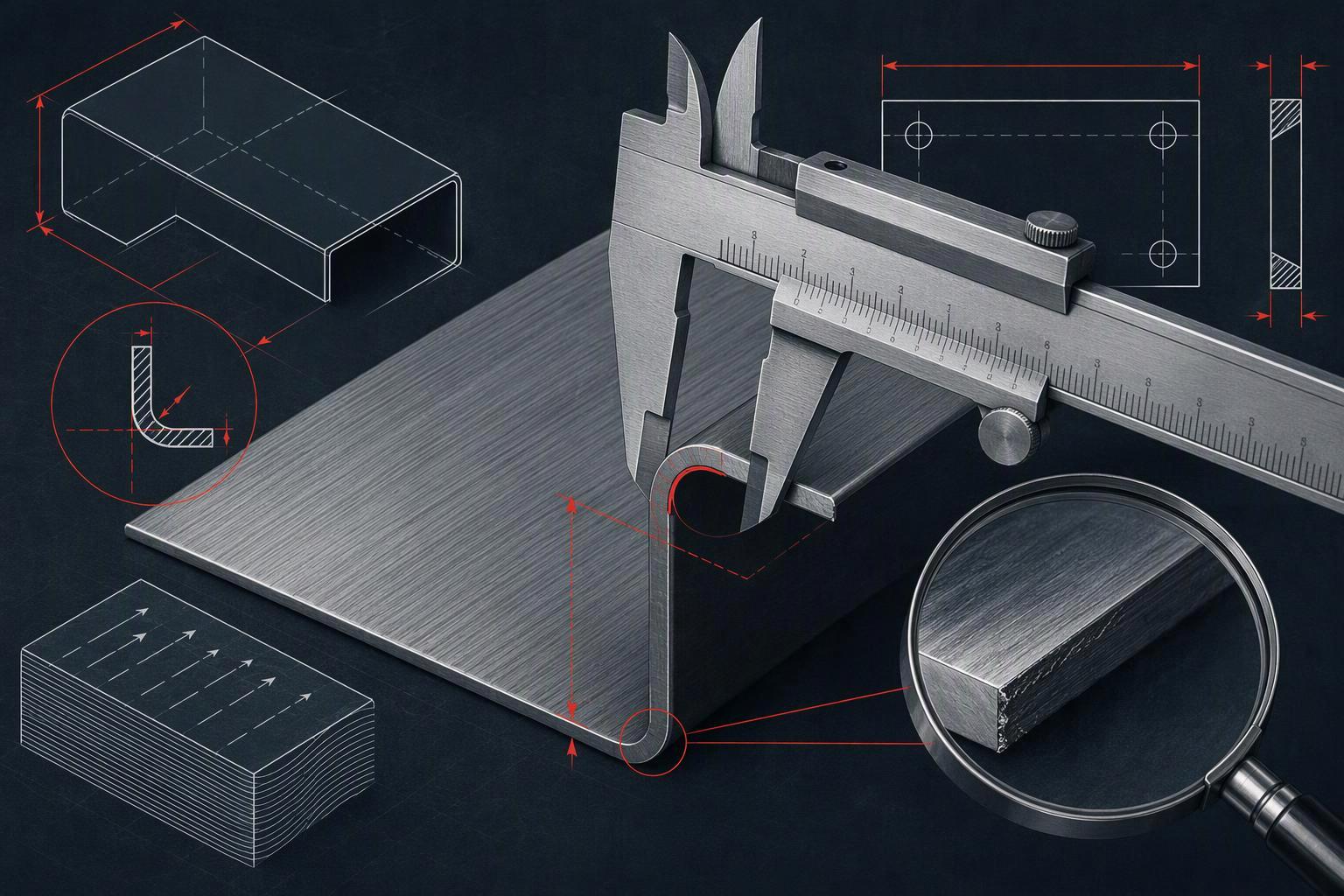 A DFM checklist diagram mapping bend radius rules, hole-to-edge spacing, springback mitigation, and process selection for stamping