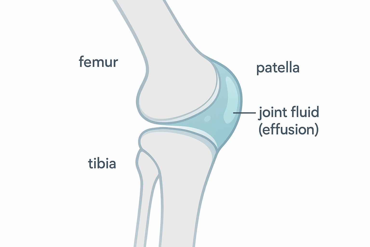 Diagram of the knee joint showing effusion (extra joint fluid) with simple labels