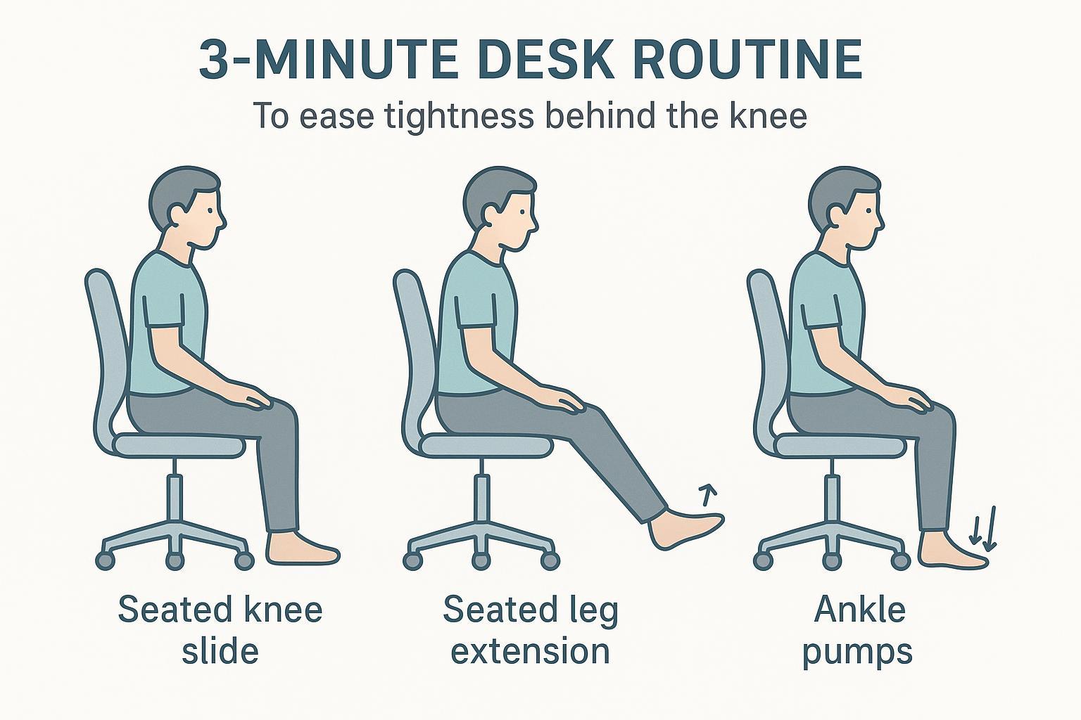 Three-step desk routine for easing back-of-knee tightness: heel slides, leg extensions, and ankle pumps.