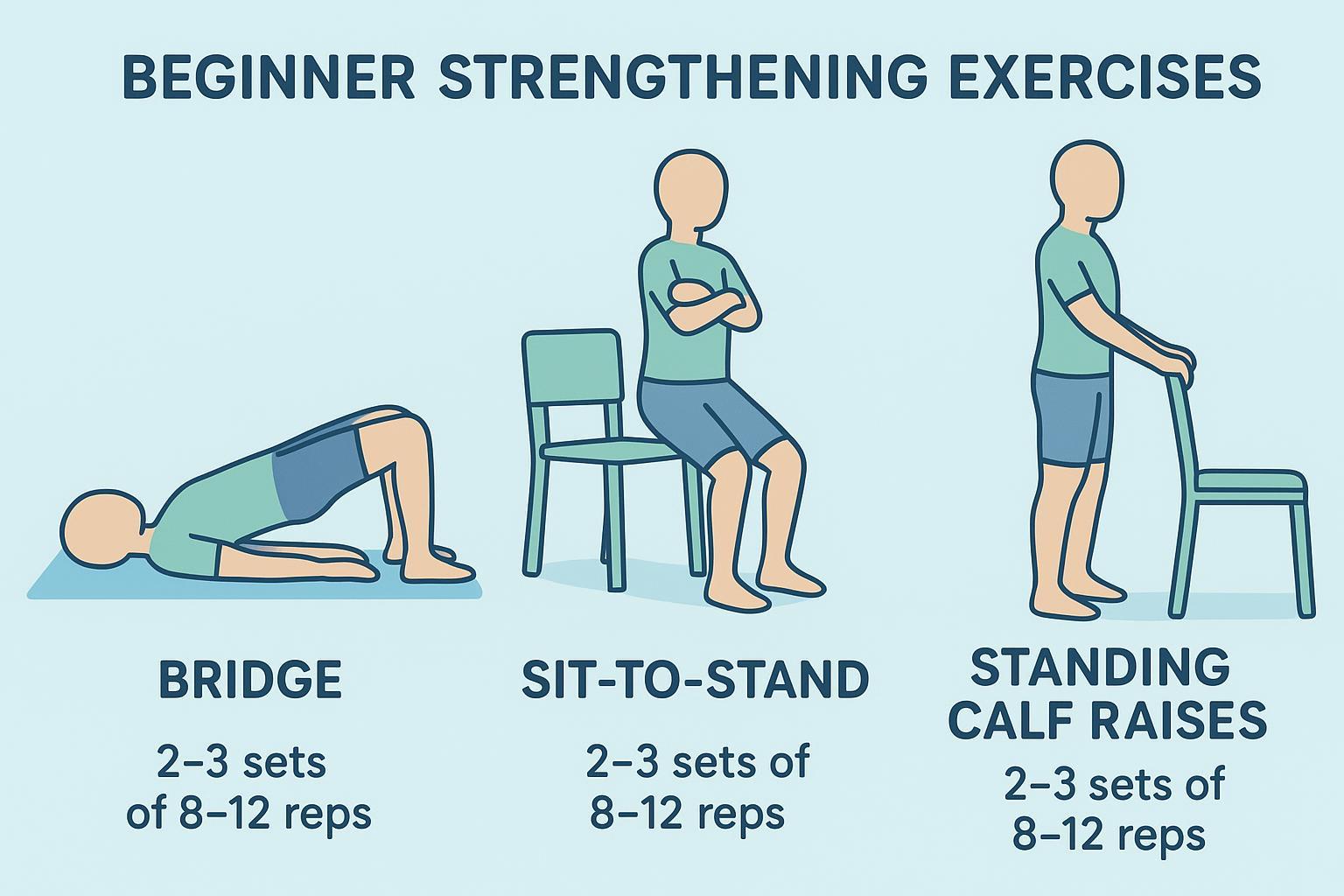 Beginner strengthening exercises: bridge, sit-to-stand, and standing calf raises with simple cues.