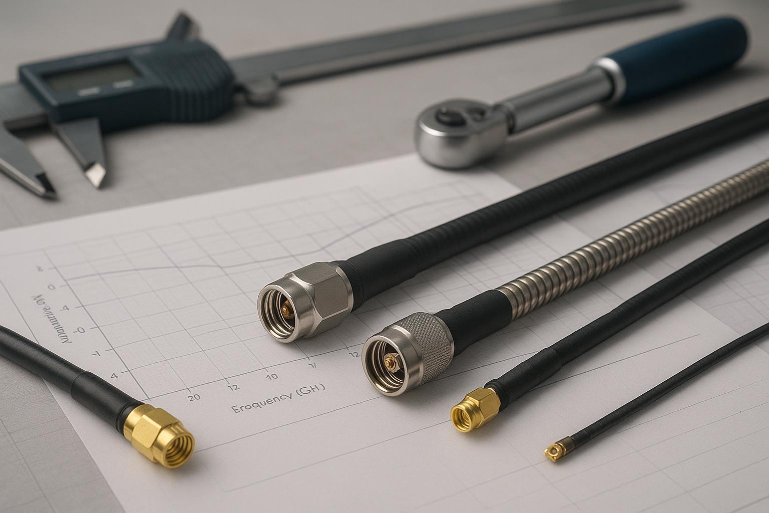 Assorted RF coaxial cables and connectors on a drafting table with tools and datasheets
