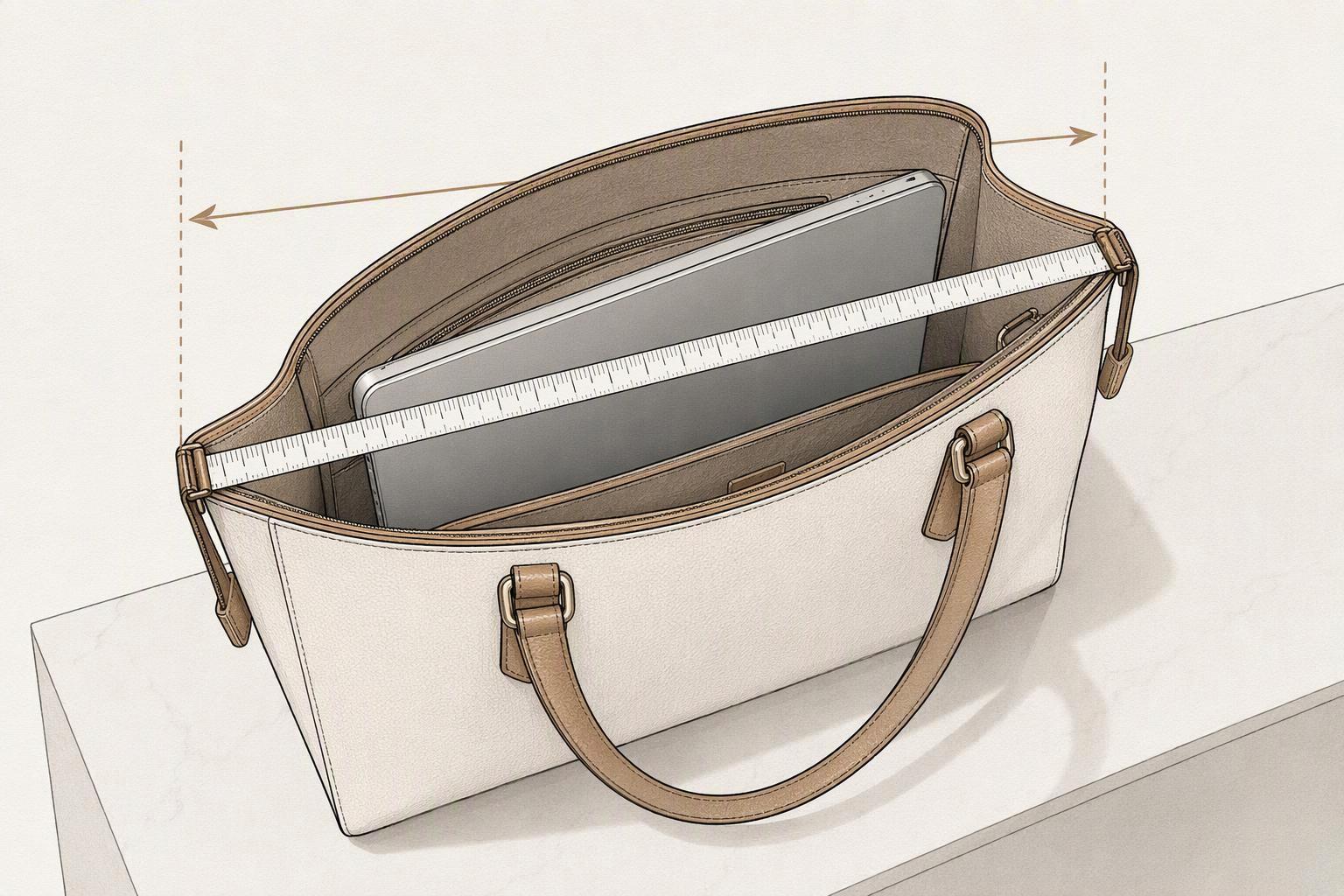 a handbag opening measured against a laptop body, with the width dimension marked