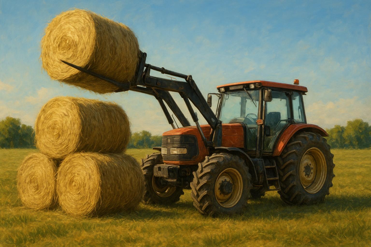 Traditional utility tractor throughput handling round bales, contrasting compact tractor vs traditional tractor capability
