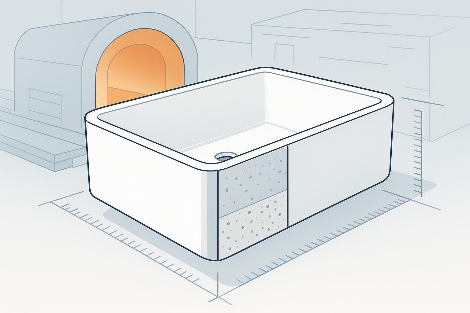 Cover image: large fireclay apron‑front sink in a ceramics factory with tunnel kiln and precision guides