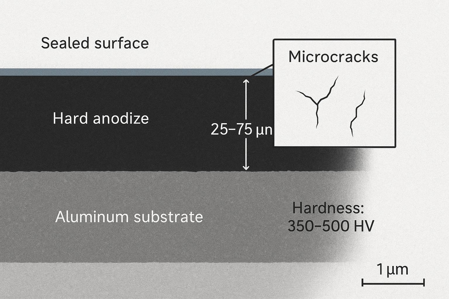 Hard anodize cross-section illustration with thickness and hardness annotations