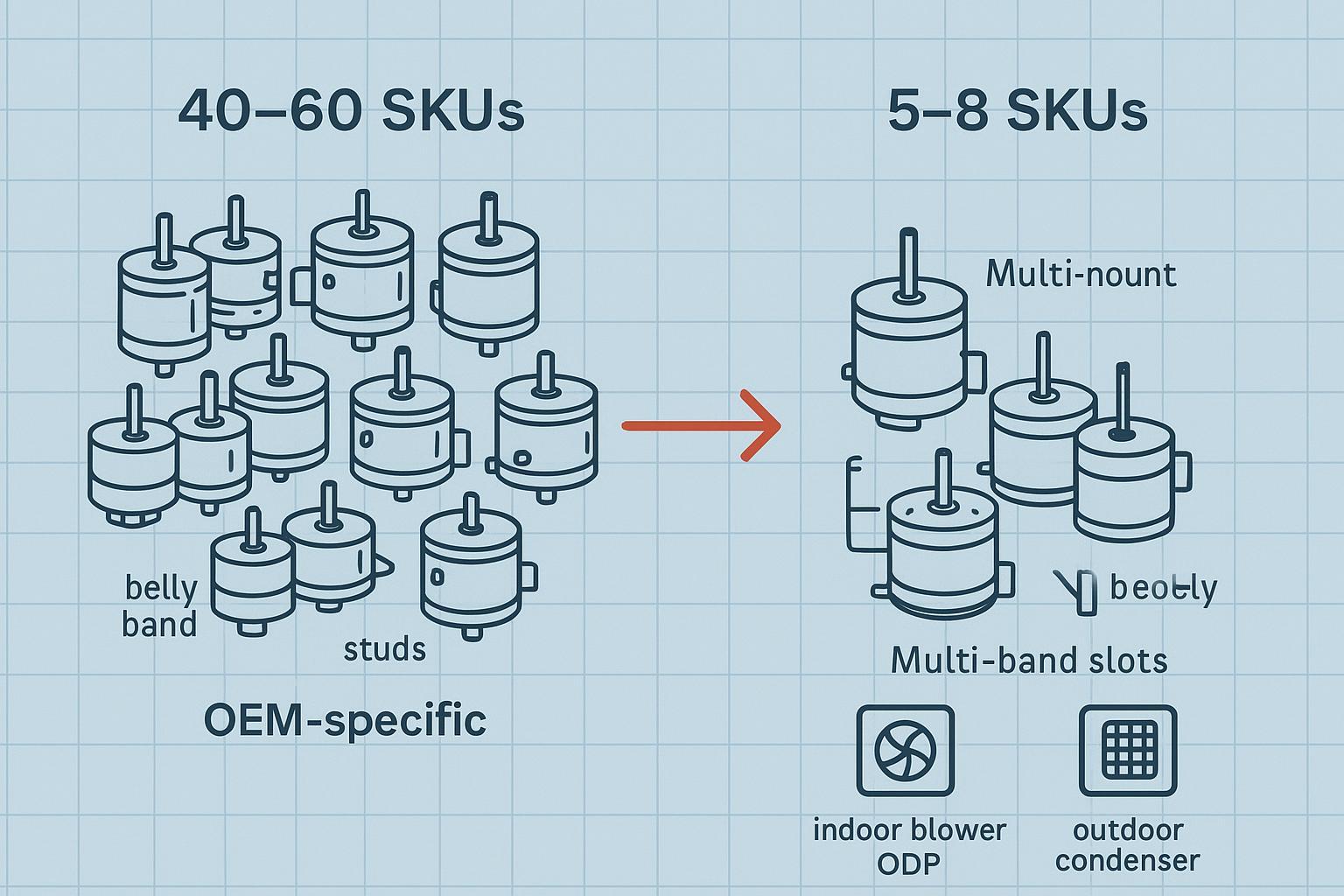 Diagram showing consolidation from 40–60 OEM-specific HVAC motor SKUs to 5–8 universal Multi-Fit motors with Multi-Mount accessories