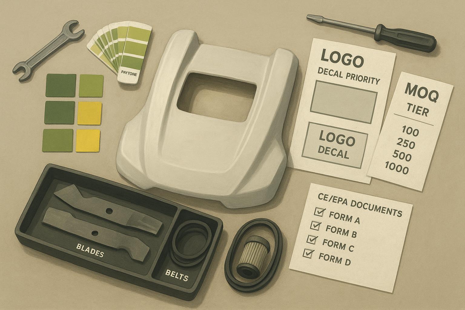 OEM customization workstation with color swatches, decals, MOQ sheet, and parts kit