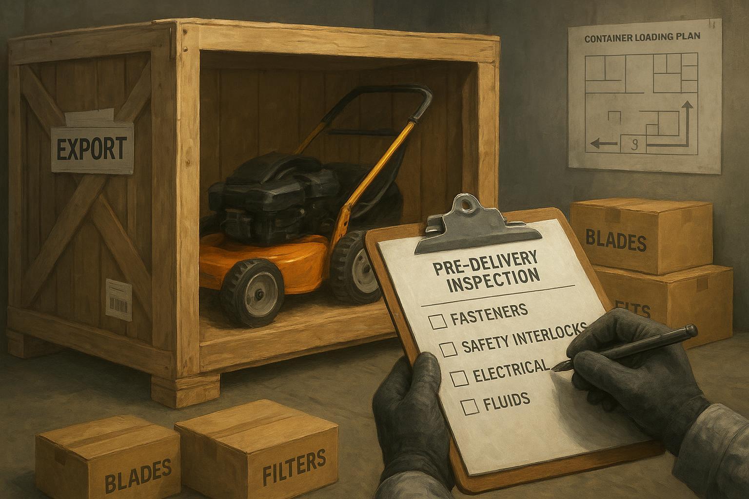 Technician performing PDI on crated mower with export documents and spare parts