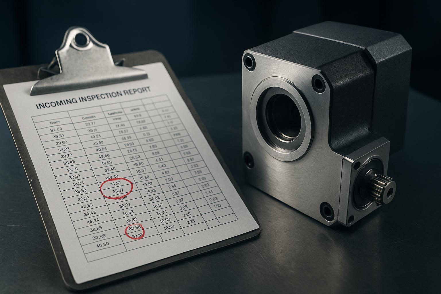 a redacted incoming inspection report showing out-of-tolerance bore measurements on a rejected lot