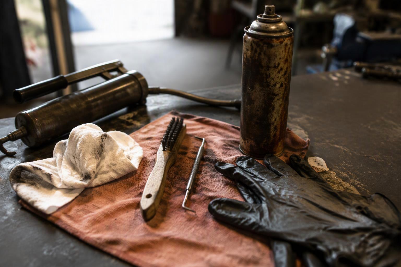 the tools laid out on a shop rag beside a grease gun: lint-free cloths, a stiff wire brush, a pointed pick, a can of