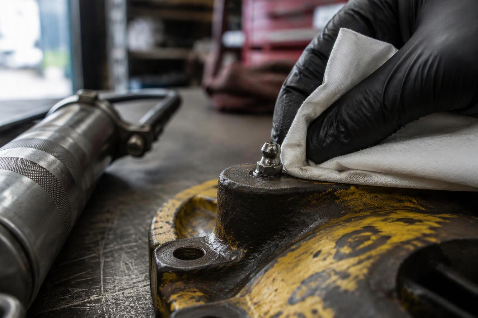 a gloved hand wiping the head of a zerk fitting and the surrounding boss with a lint-free cloth, with the grease gun set