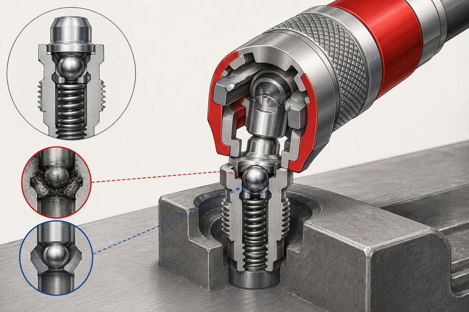 a cutaway view of a zerk fitting showing the head, the spring-loaded check ball, the compression spring and the threaded