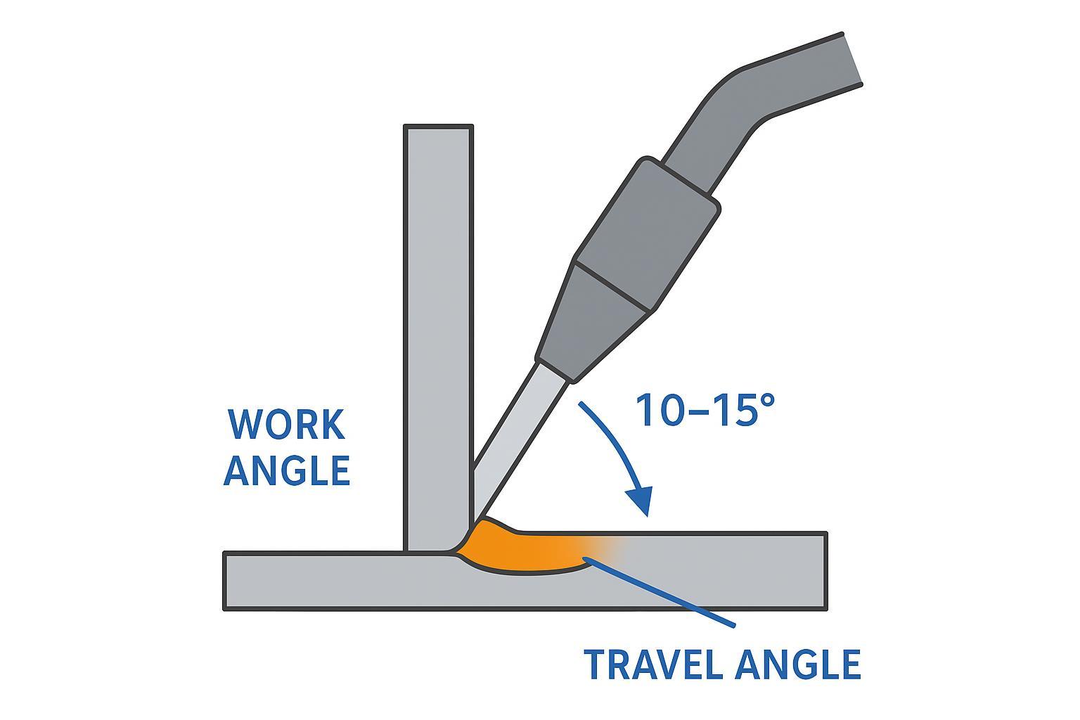 Diagram of recommended fillet-weld work angle at 45 degrees and 10–15 degree push travel angle
