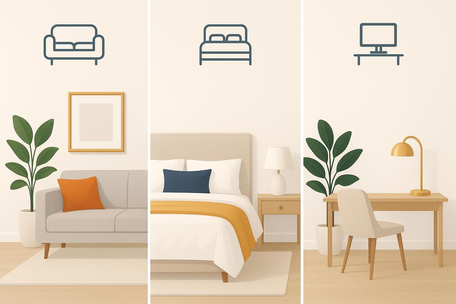 A mood board showing living room, bedroom, and home office accent placements in 2026 Feng Shui colors