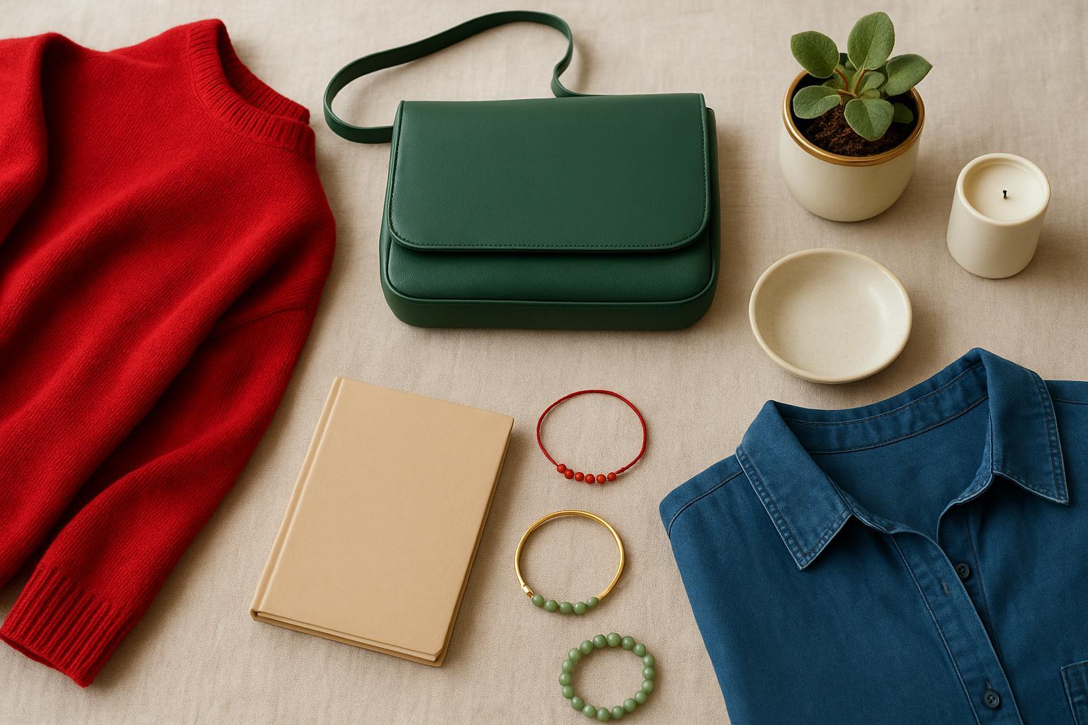A lifestyle photo image: Stylized flat lay of outfits, bracelets, and small home accents in red, green, gold, and blue, to visualize practical ways to apply 2026 lucky colors in daily life.