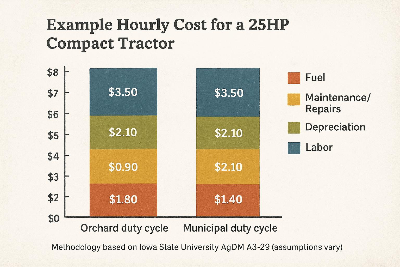 Stacked bar chart of hourly cost breakdown for a 25HP compact tractor: orchard vs municipal duty cycles