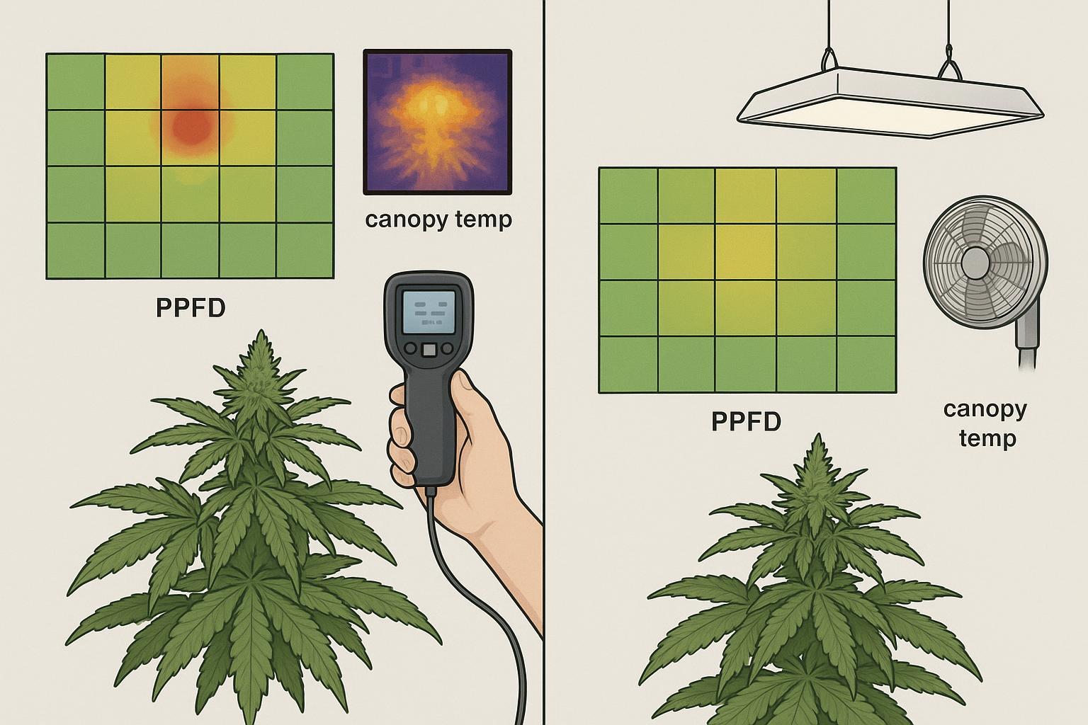 Thermal/PPFD mapping example highlighting a hotspot at the top cola and a corrected layout