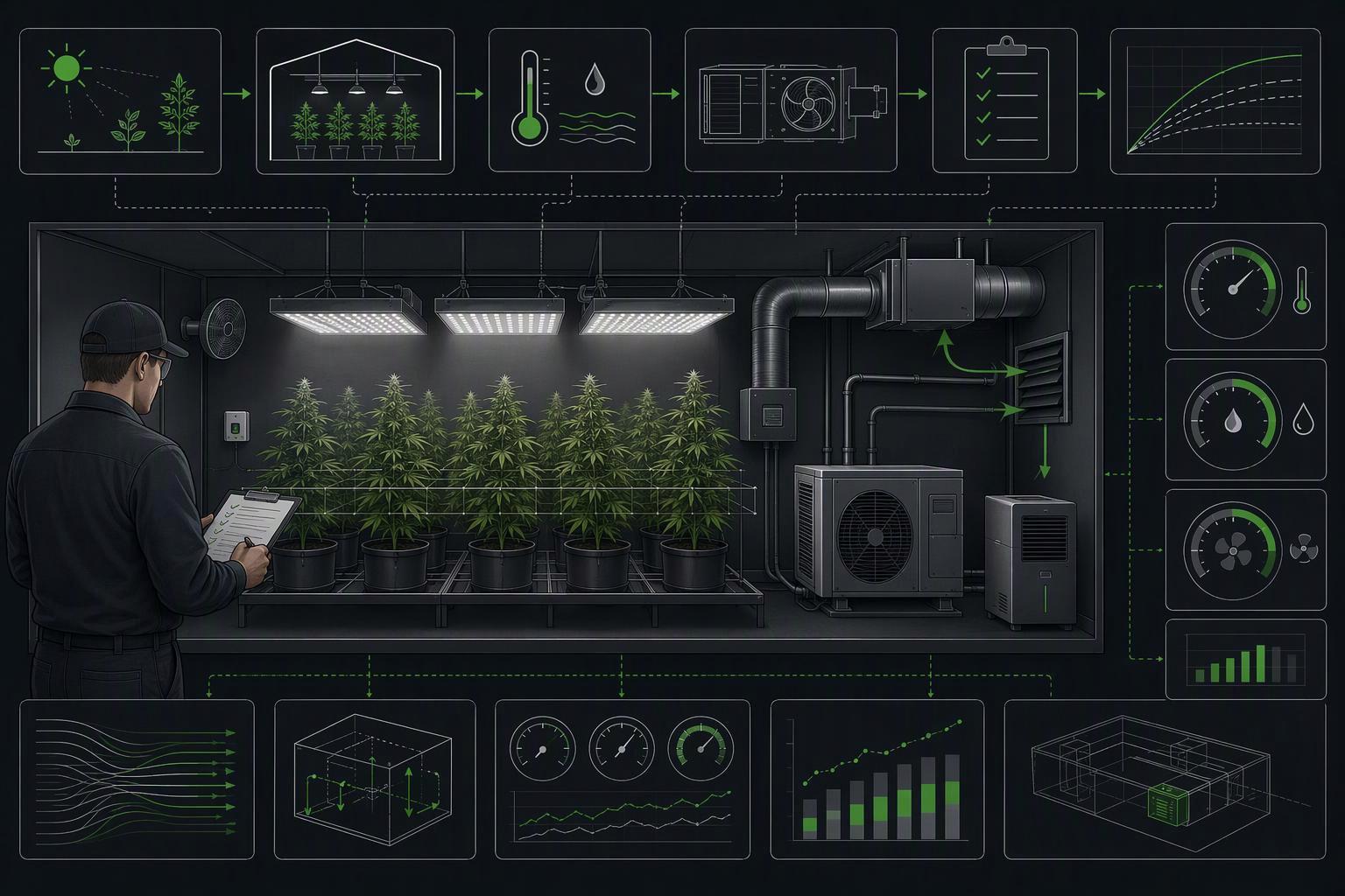 A flow diagram combining LED grow light heat load (sensible) and plant latent load into total tons, including ventilation