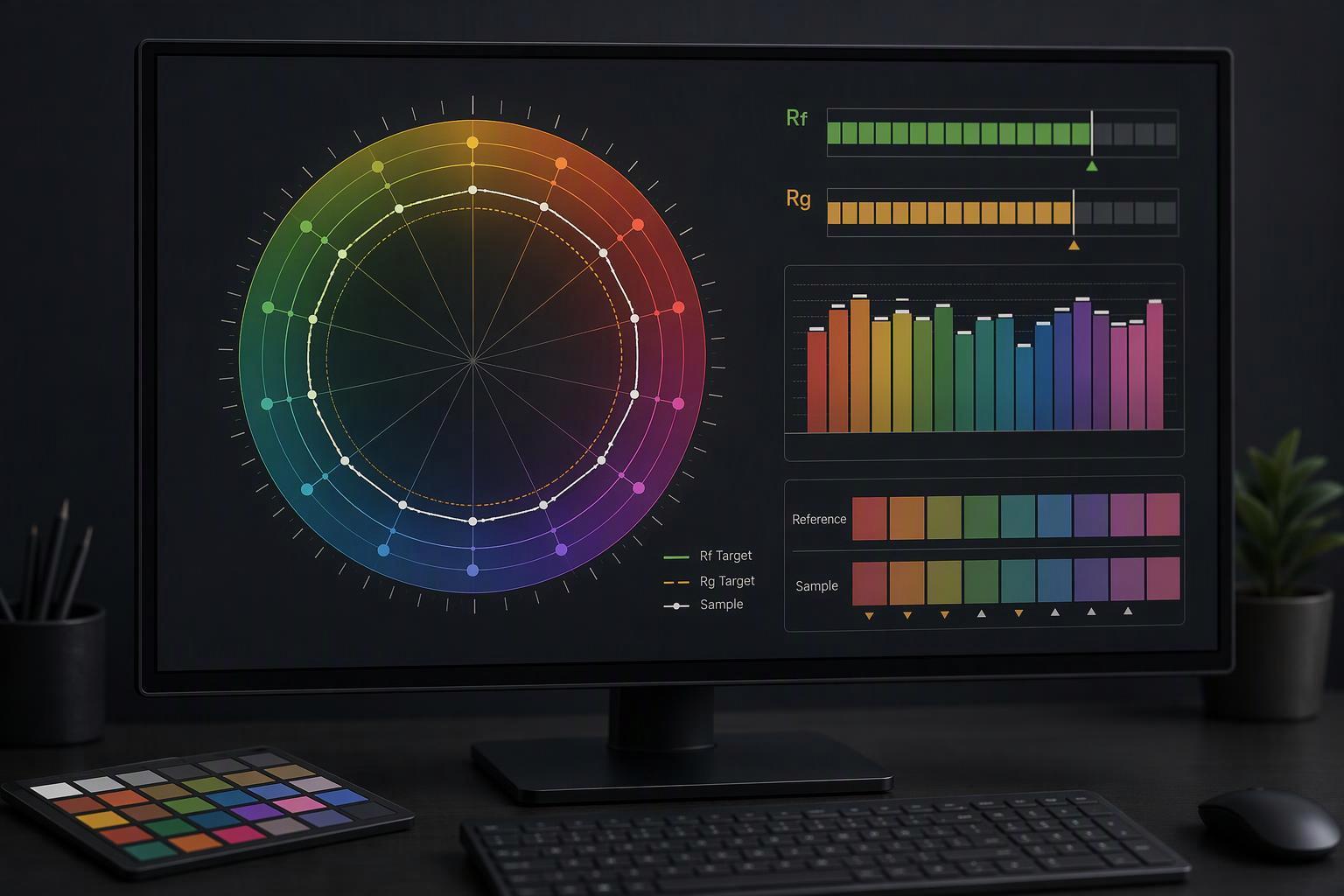 A TM‑30 vector graphic with Rf/Rg targets and key hue-bin notes for inspection