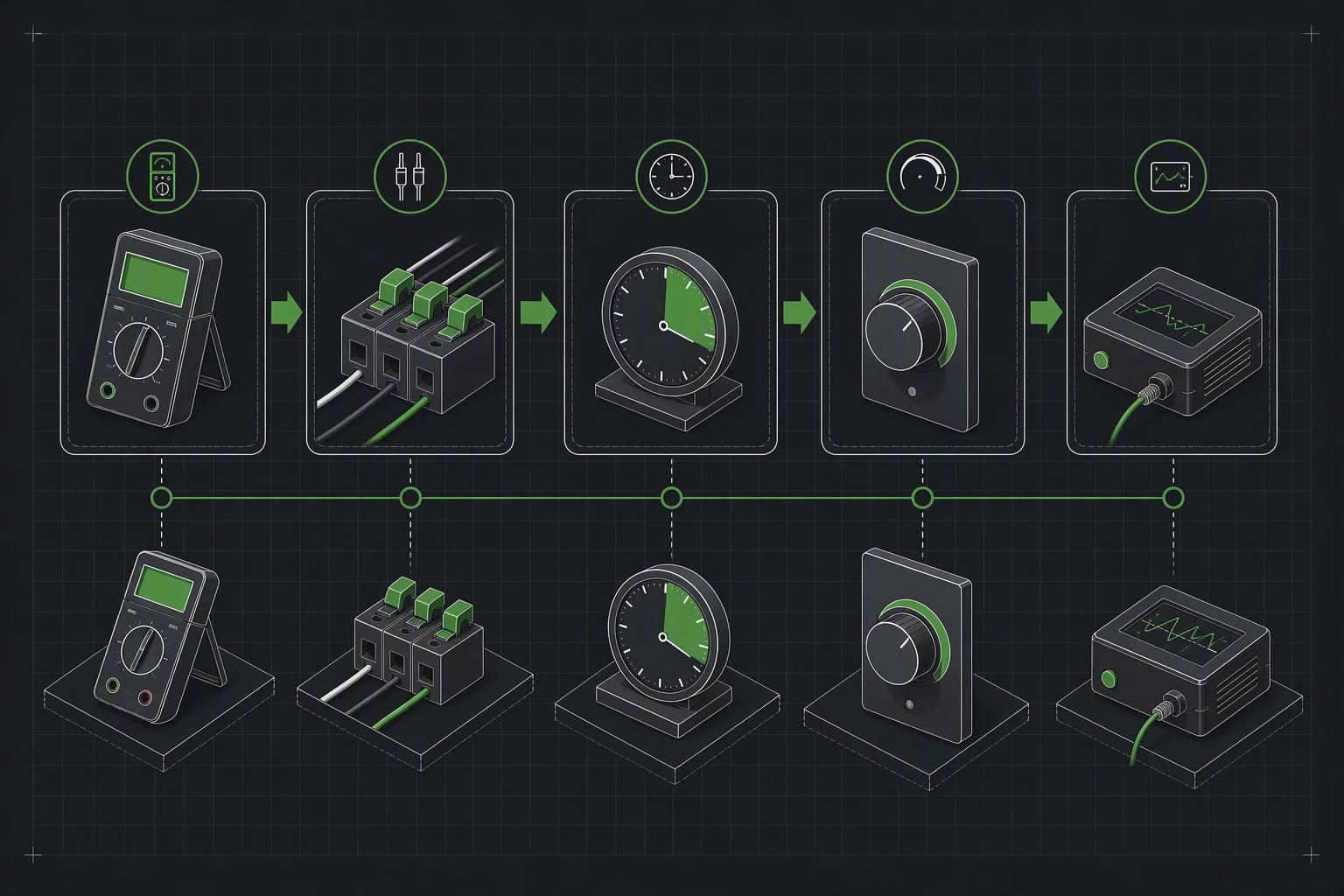 A step-by-step workflow diagram from setup to logging: meter selection, wiring, warm-up, dimming tests, data capture