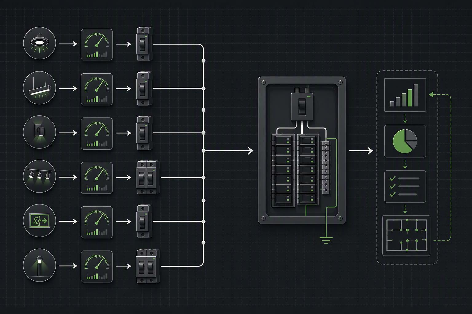 A single-line schematic showing branch circuits, breakers, and measured kW feeding a lighting panel