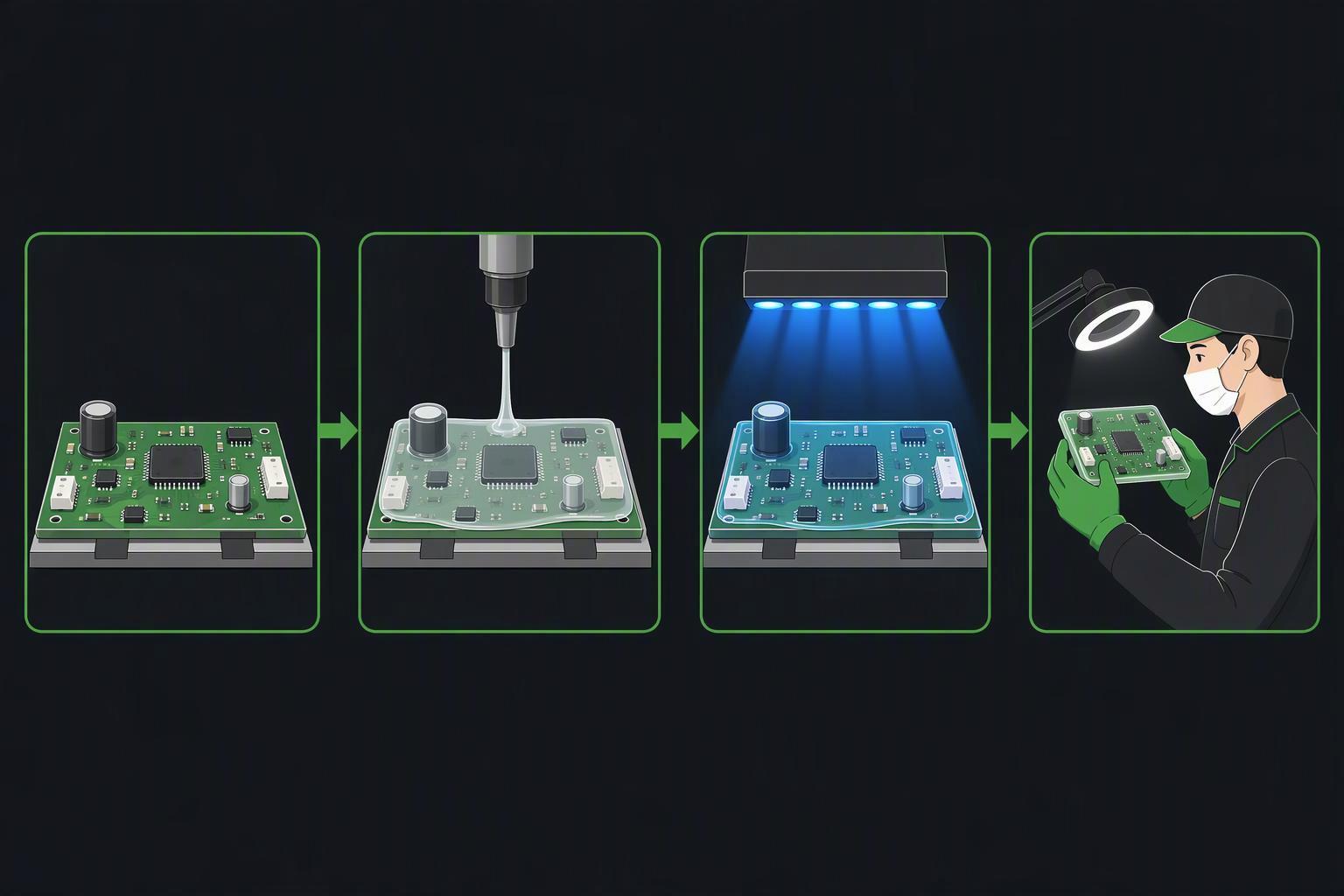 A stepwise flow: clean/dry → mask → selective spray/dip → cure validate → UV inspection → thickness check