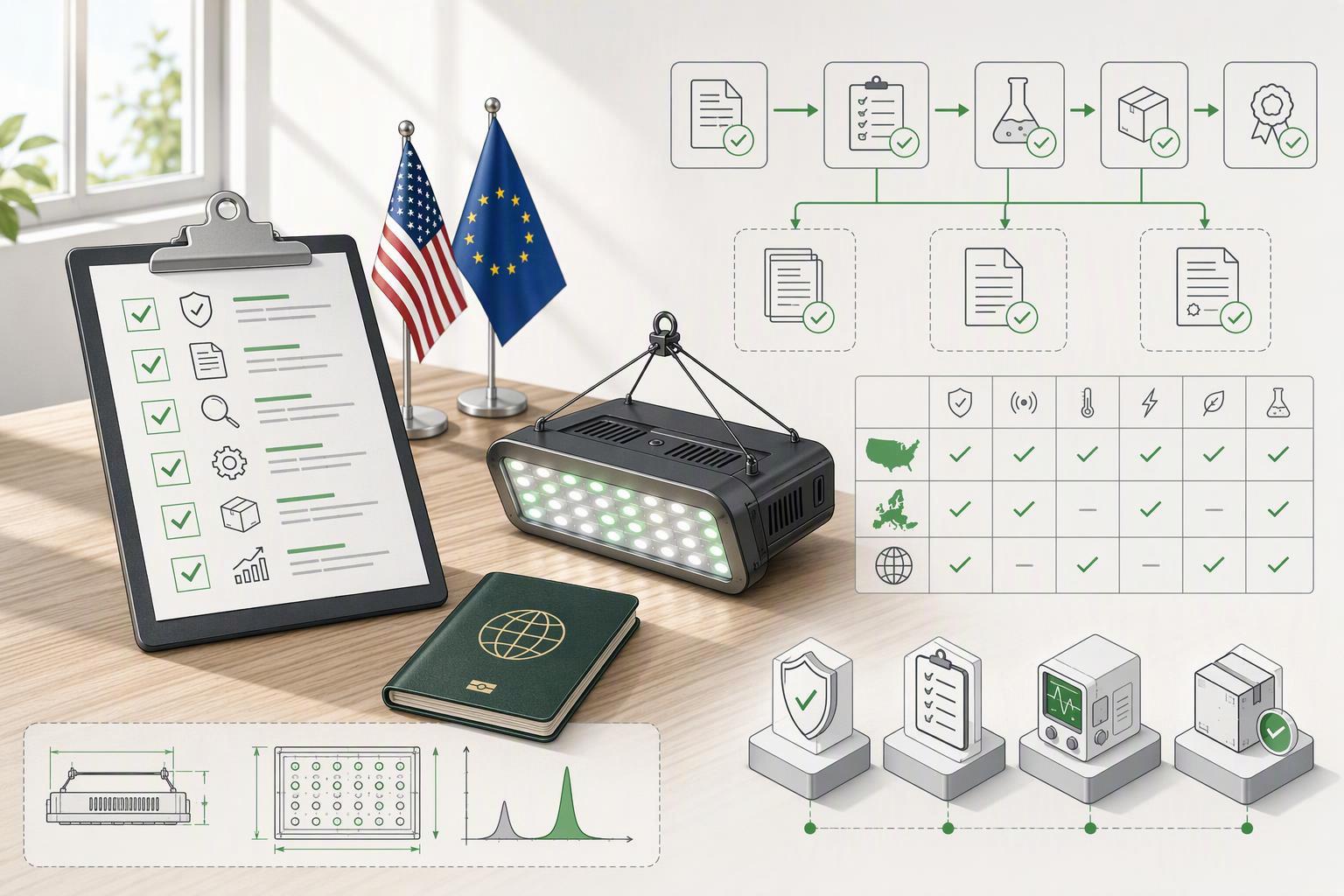 A concise dual-market checklist mapping cULus/cETLus + CE to U.S./Canada/EU requirements