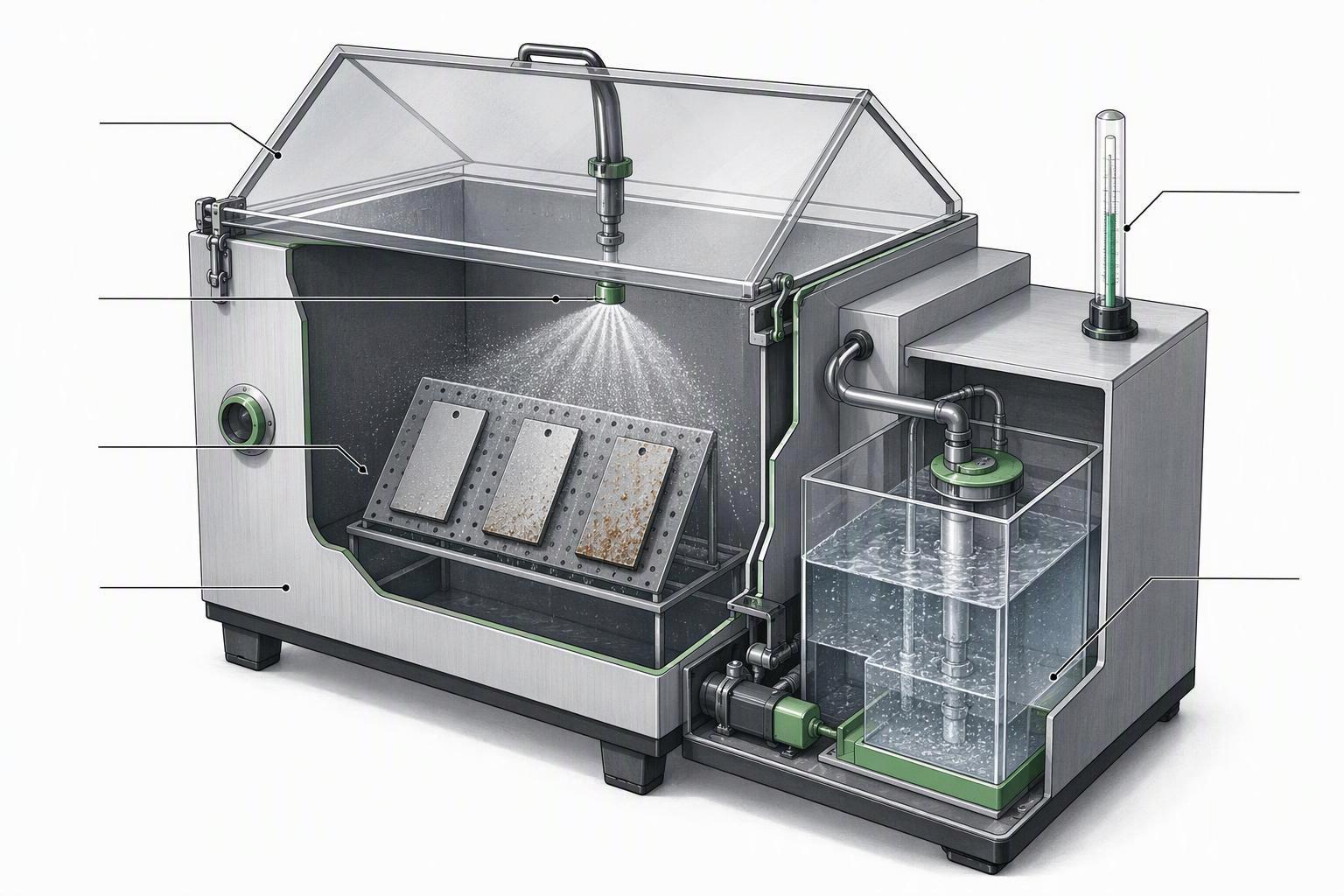 A labeled diagram of a salt spray test setup: chamber, atomizer, 5% NaCl, pH 6.5–7.2, 35°C, collection rate