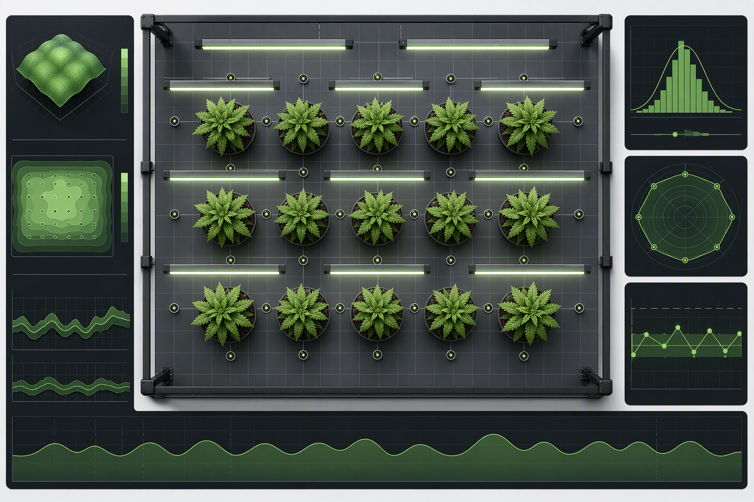 A top‑down bench layout showing staggered LED bars and sensor grid