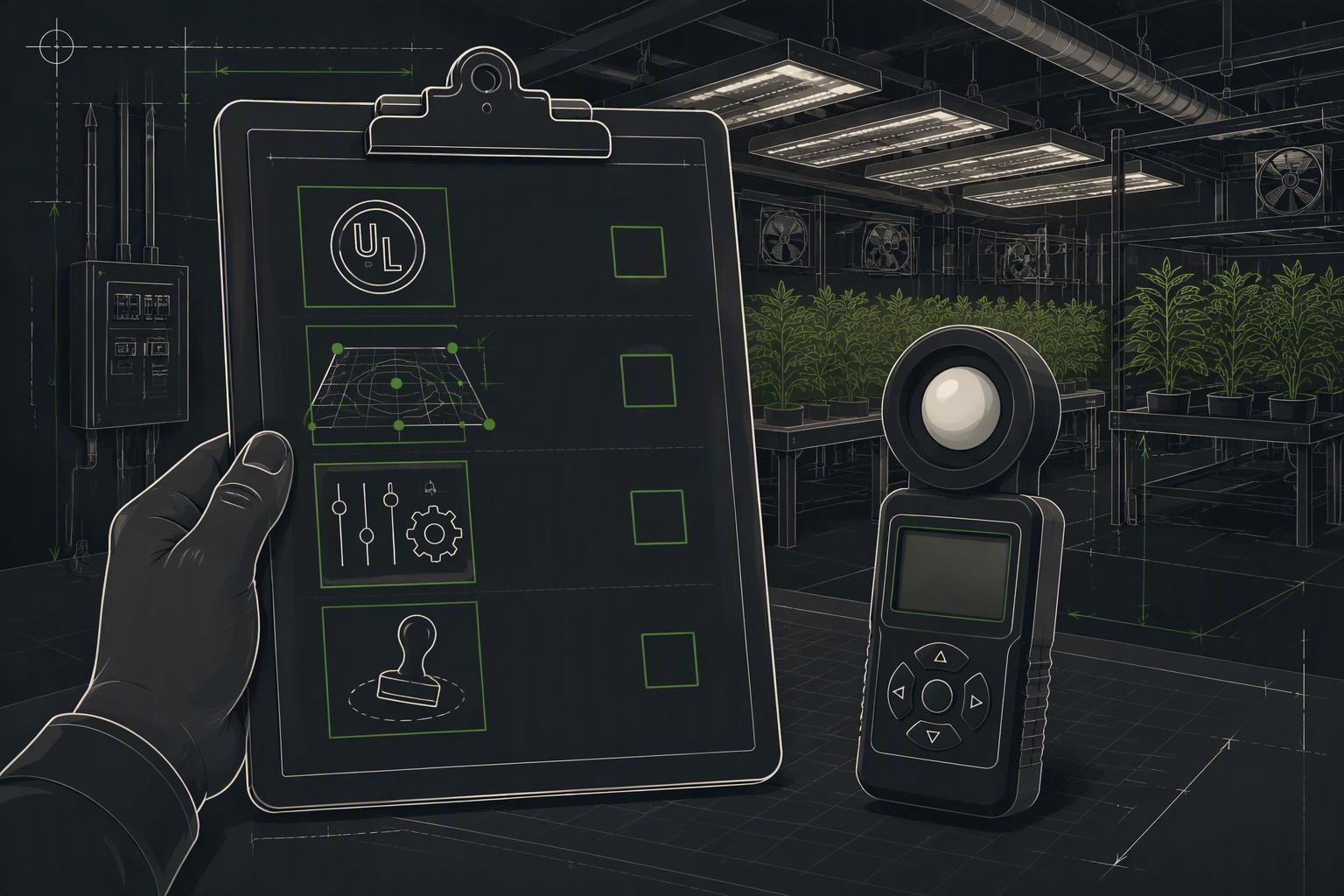 A concise commissioning checklist covering UL 8800 listing, PPFD mapping, controls test, and utility pre-approval