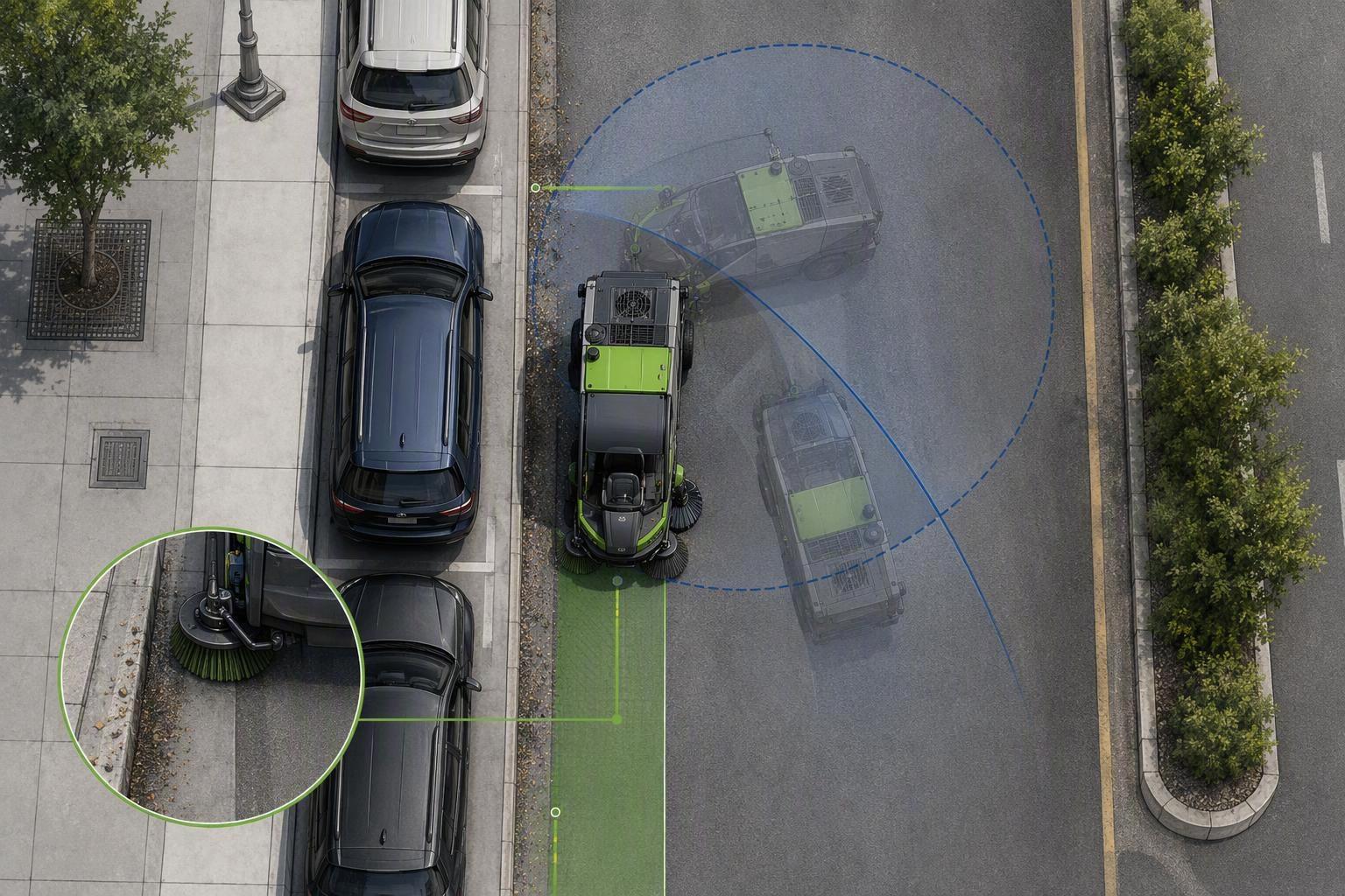 a single street cross-section showing a ride-on sweeper's sweep path against curb, gutter, parked cars and a median face, with sweep width and turning
