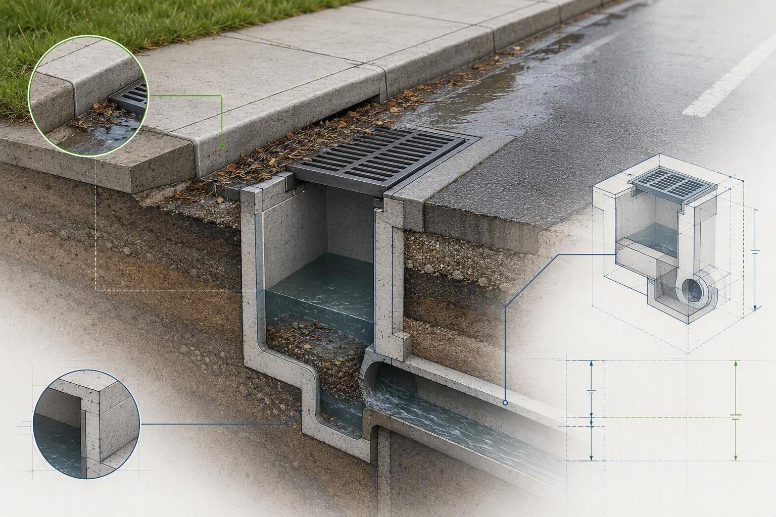 a curb-line and catch-basin cross-section showing where swept material accumulates and where it enters the storm system