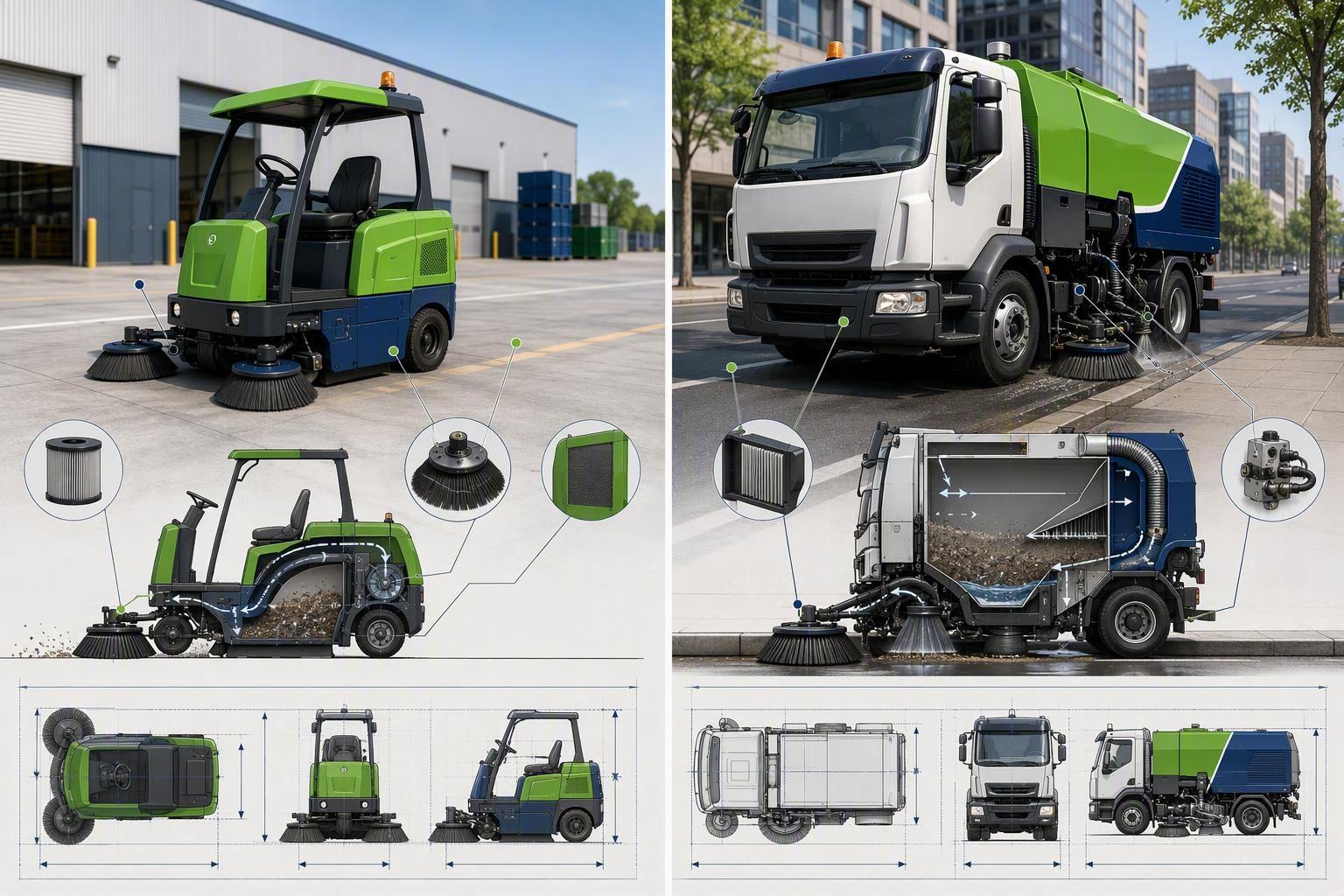 two sweeper machine classes shown in their typical working environments — a compact ride-on unit on a paved facility apron and a roadway-class unit wo