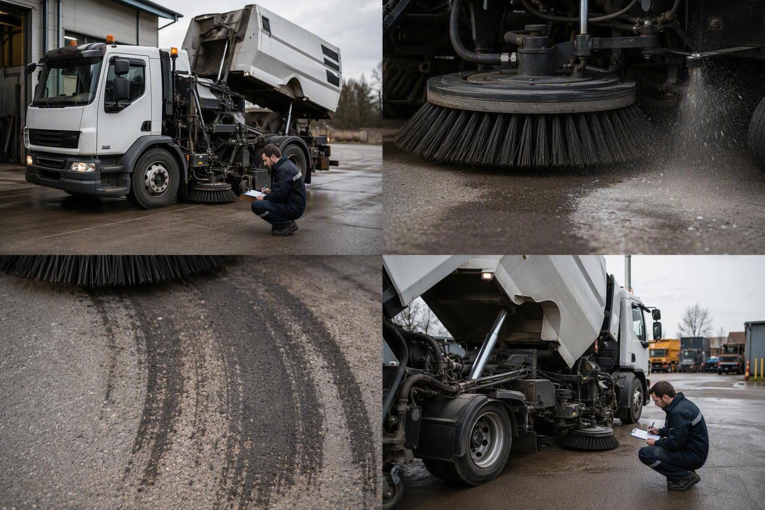 a pre-delivery acceptance check on a sweeper — an inspector verifying brush contact pattern and hopper dump function against a written checklist