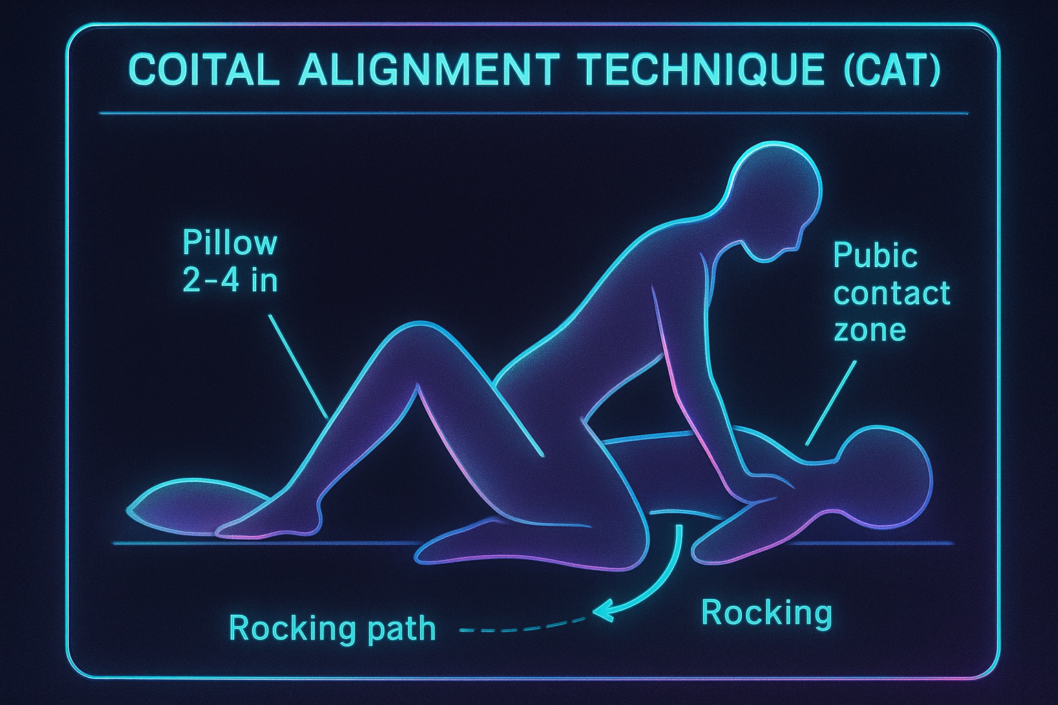 Educational cross-section diagram showing CAT pelvis alignment, pillow elevation, shallow entry angle, and pubic contact zone.