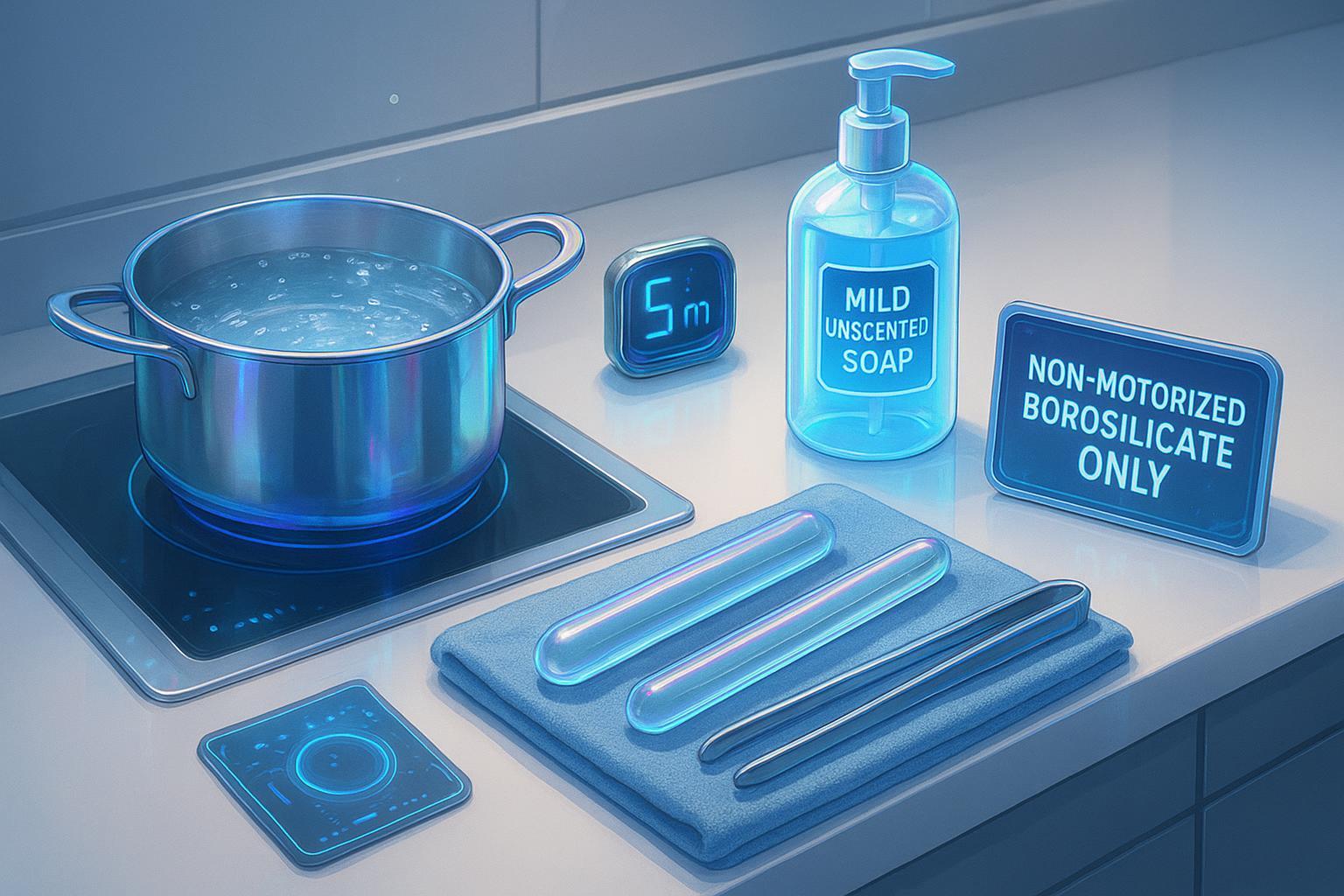 Illustration of a safe cleaning setup: pot of simmering water, timer, mild soap, towel, tongs, and generic glass rods labeled for non-motorized borosilicate only.