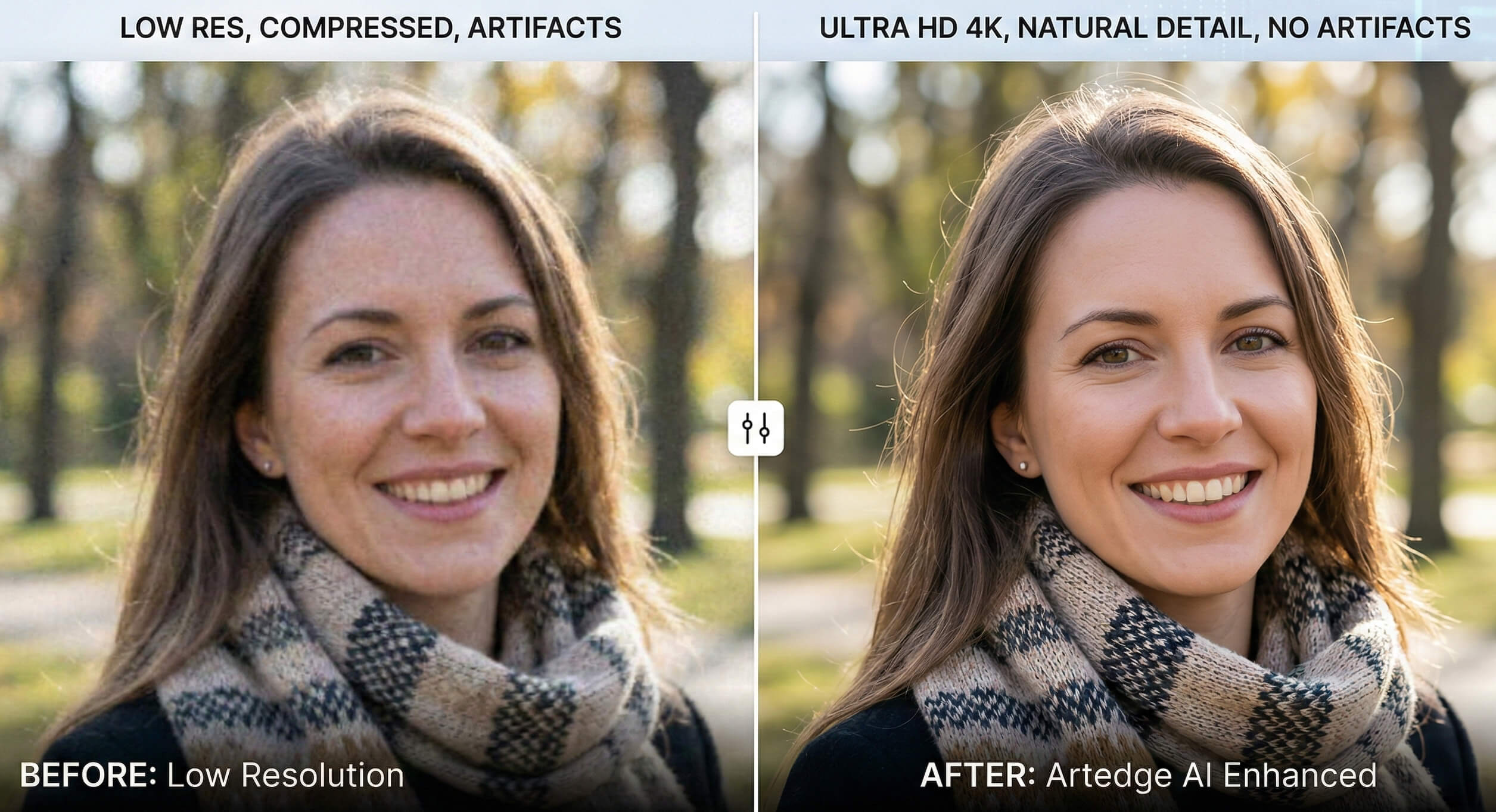 Artedge AI photo enhance before and after: transforming a blurry portrait into crisp 4K