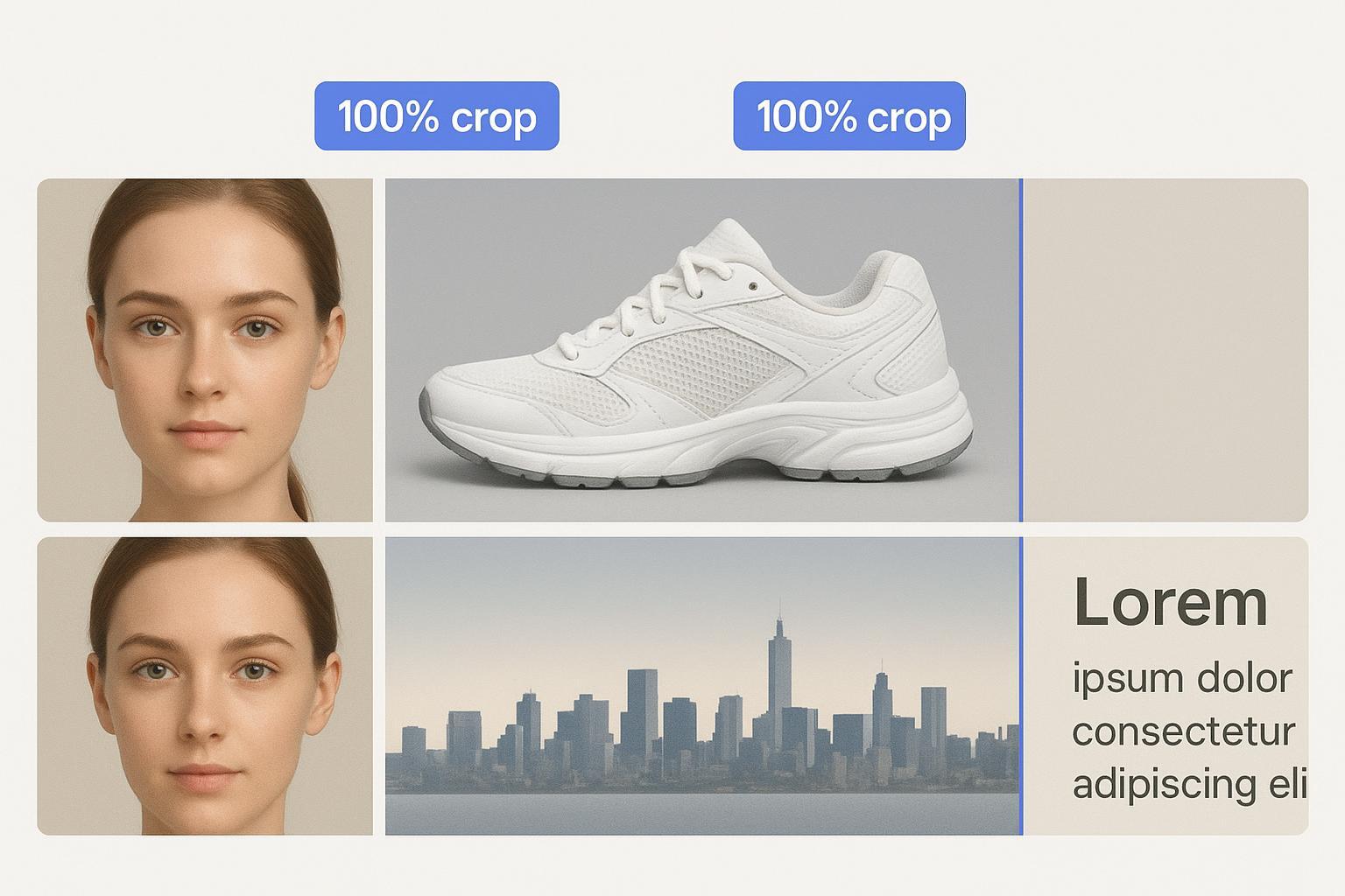Four before–after panels: portrait, product, social cover, and scan text showing natural HD improvements