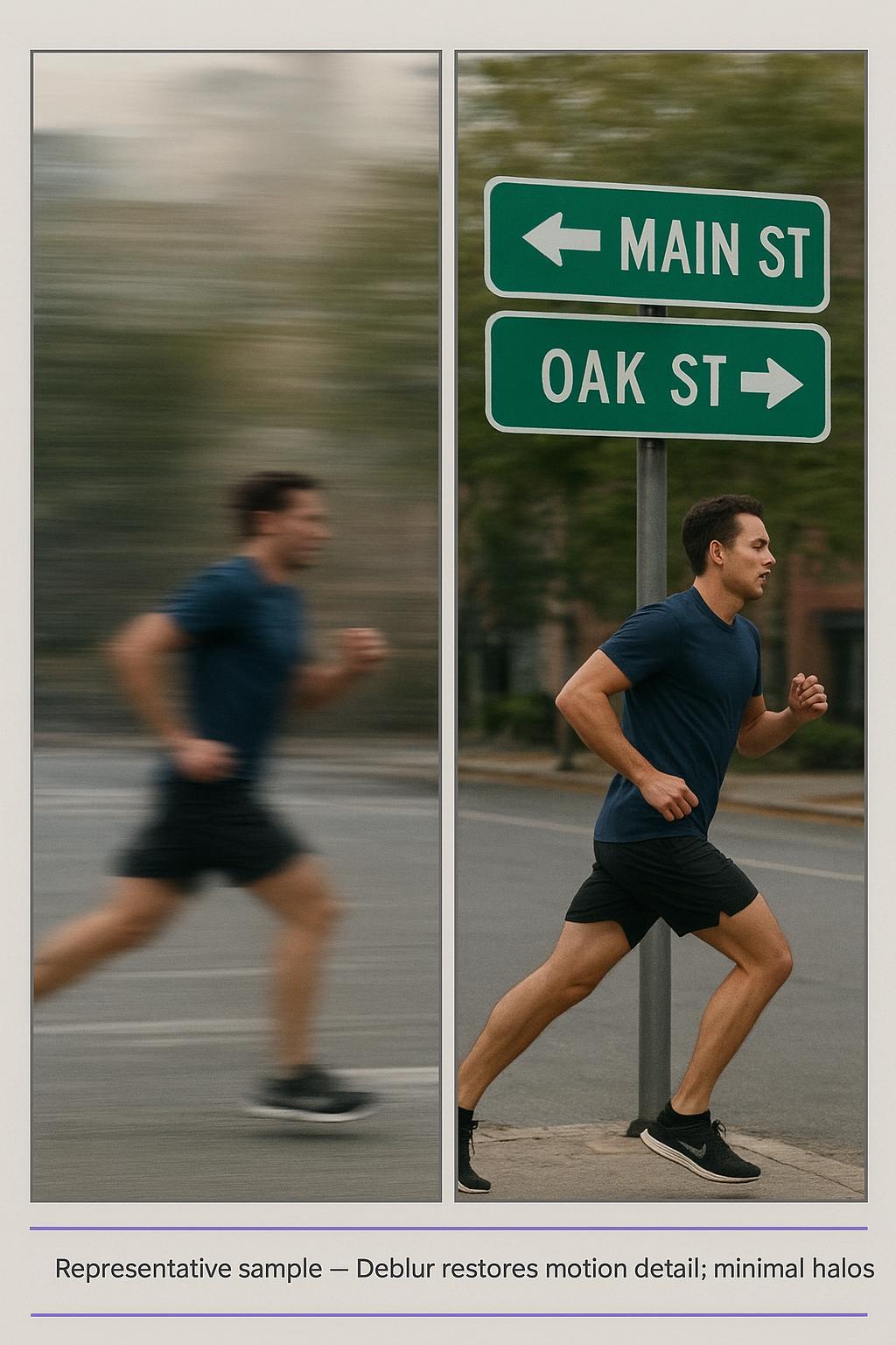 Before/after motion blur deblurring: streaky text and runner restored to readable, crisp edges