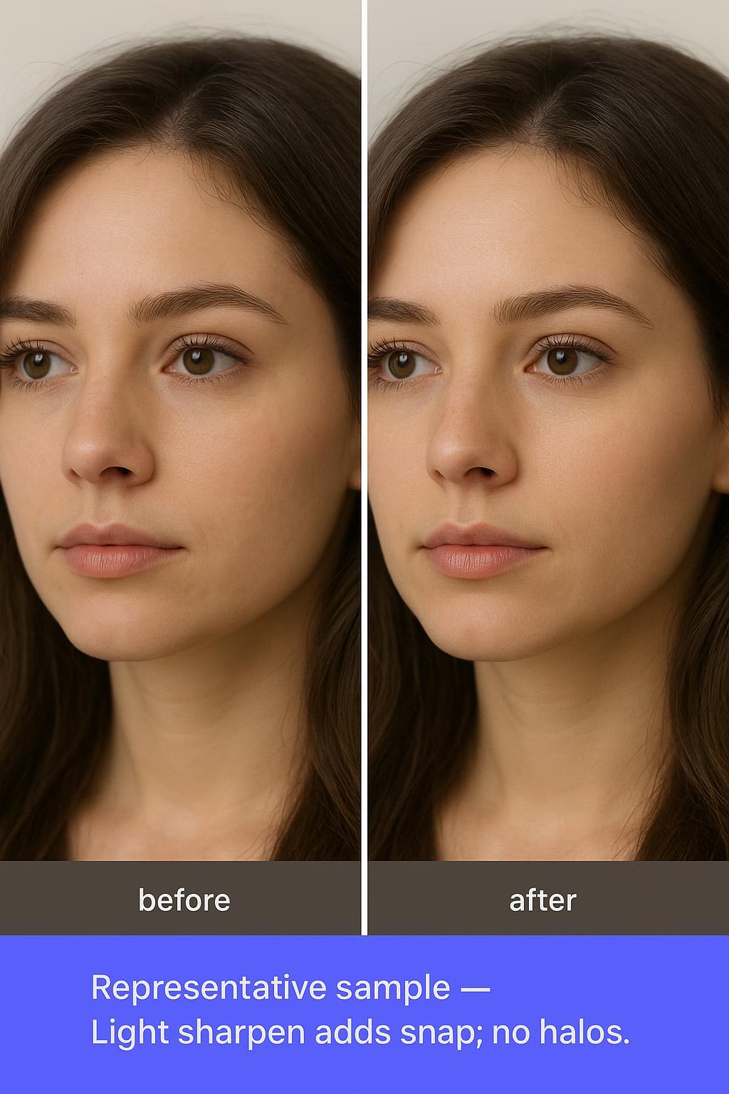 Before/after light sharpening: mildly soft portrait gains subtle crispness without halos
