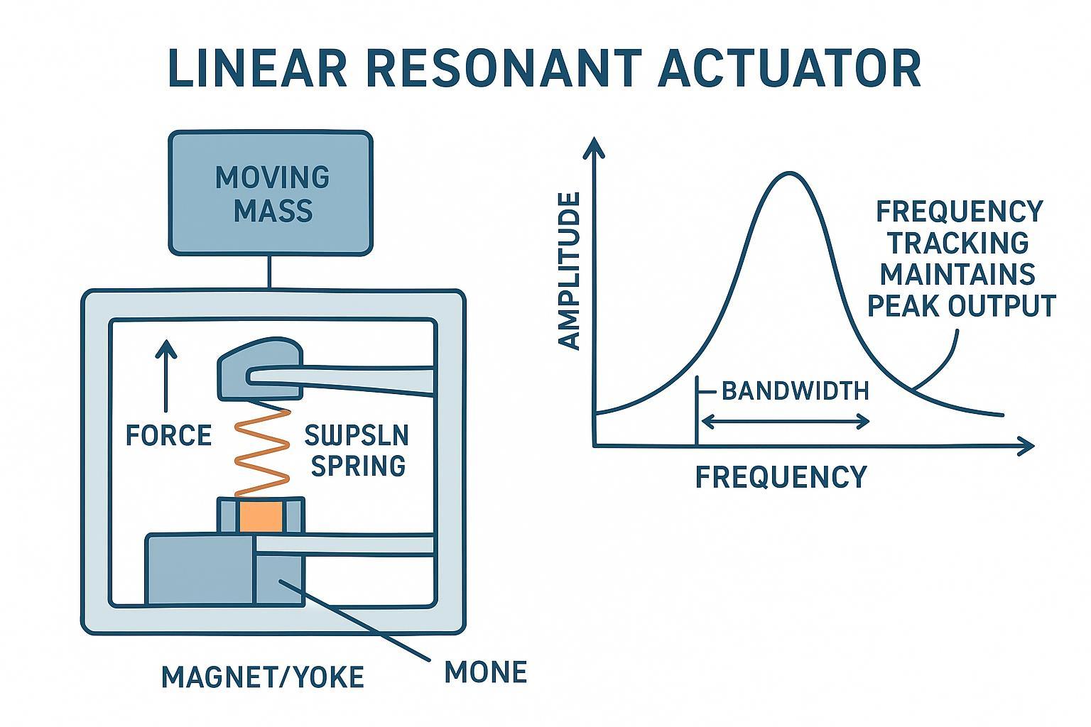Infographic of an LRA cross-section with mass, spring, voice coil, and a resonance plot showing f0 and bandwidth